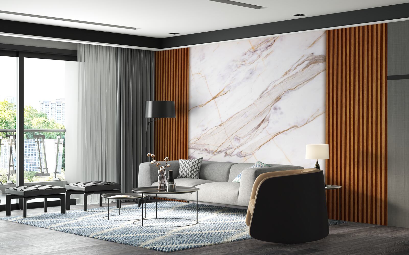 Fotobehang hout versierd met wit marmer