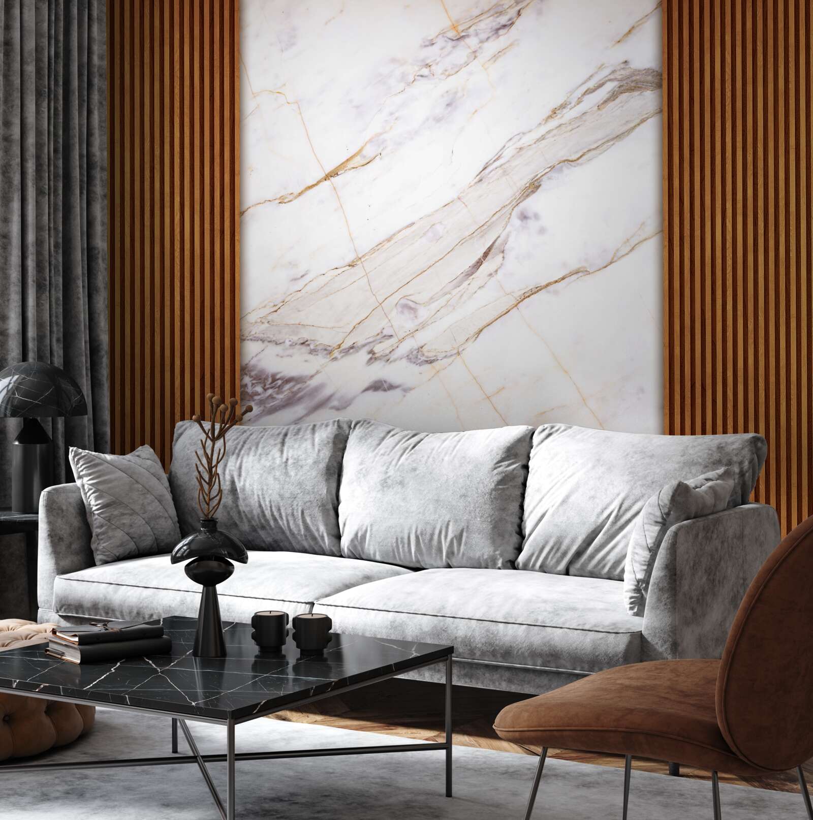 Fotobehang hout versierd met wit marmer