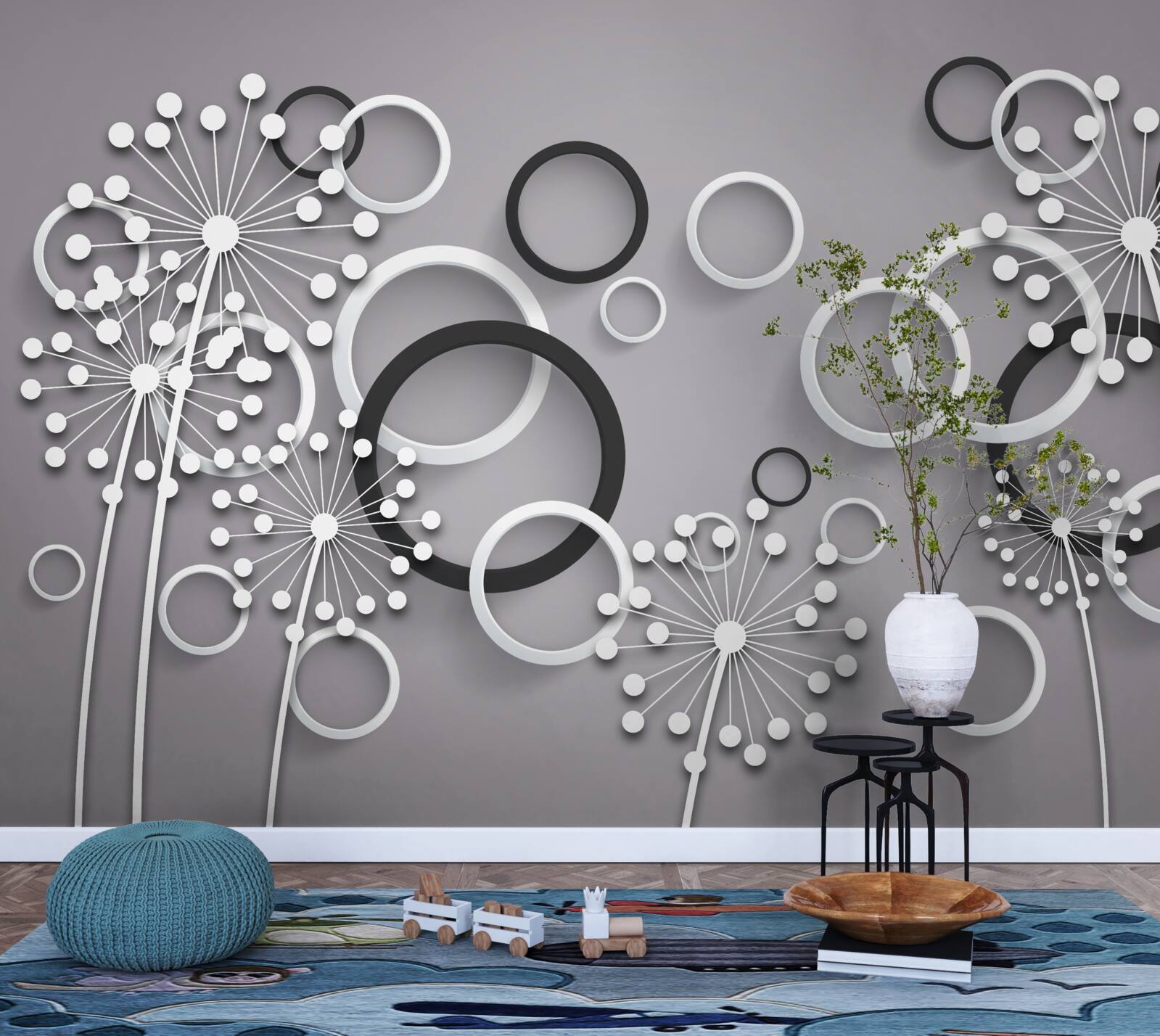 Fotobehang grijze cirkels en melkkruid