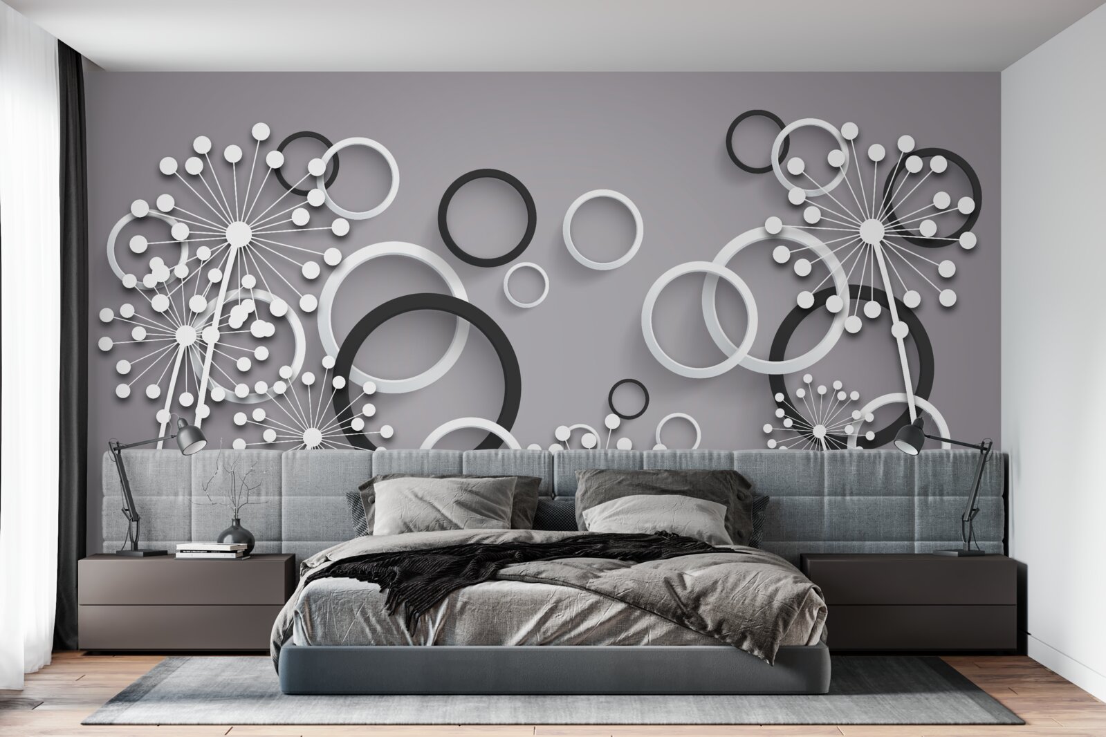 Fotobehang grijze cirkels en melkkruid