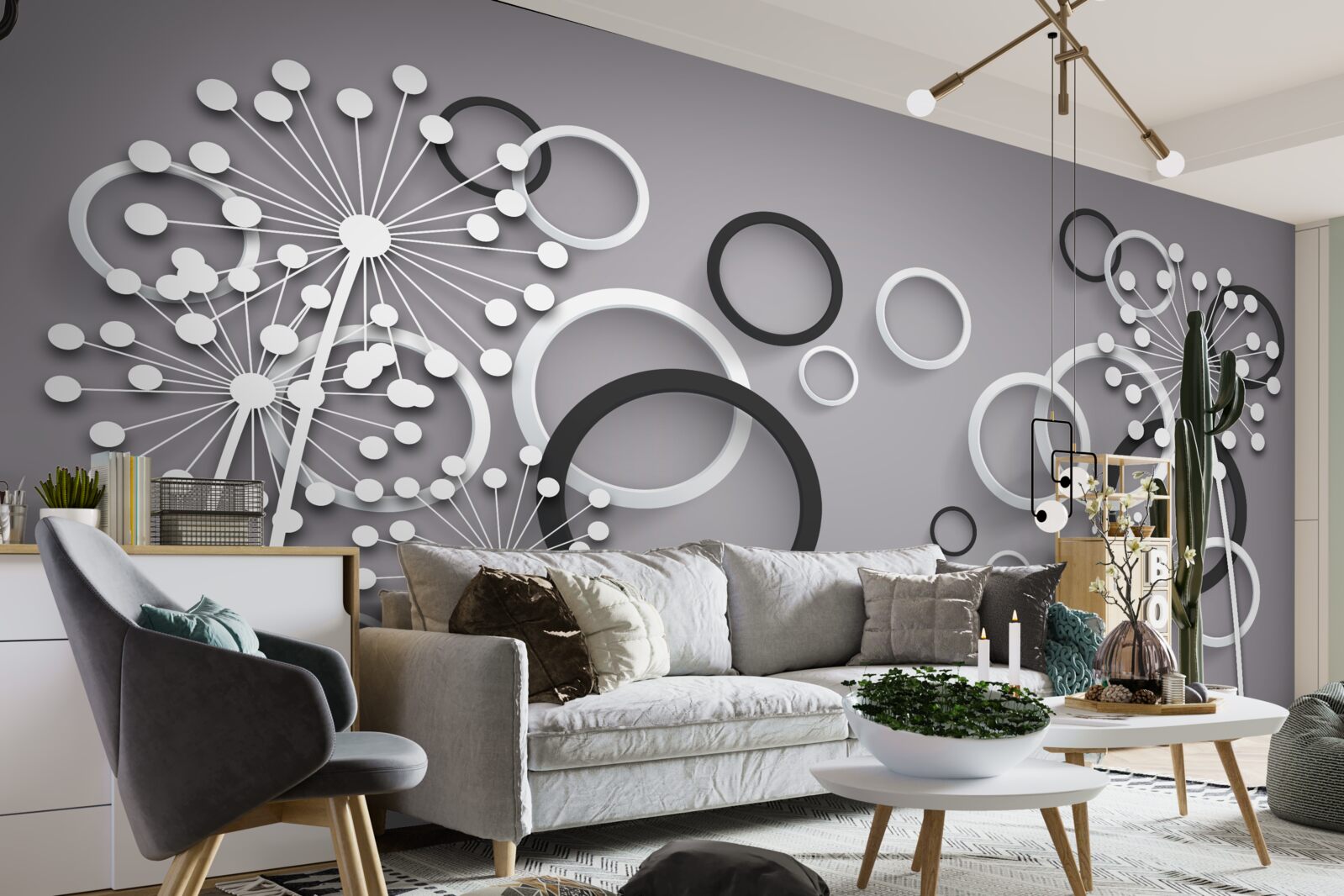 Fotobehang grijze cirkels en melkkruid