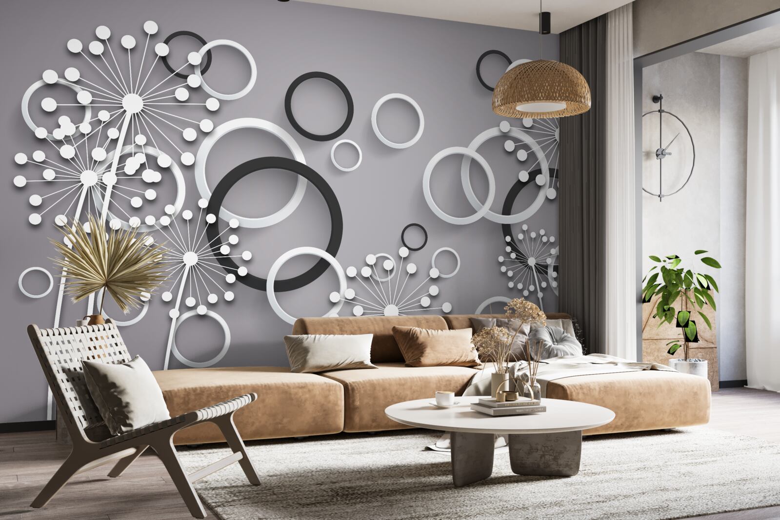 Fotobehang grijze cirkels en melkkruid