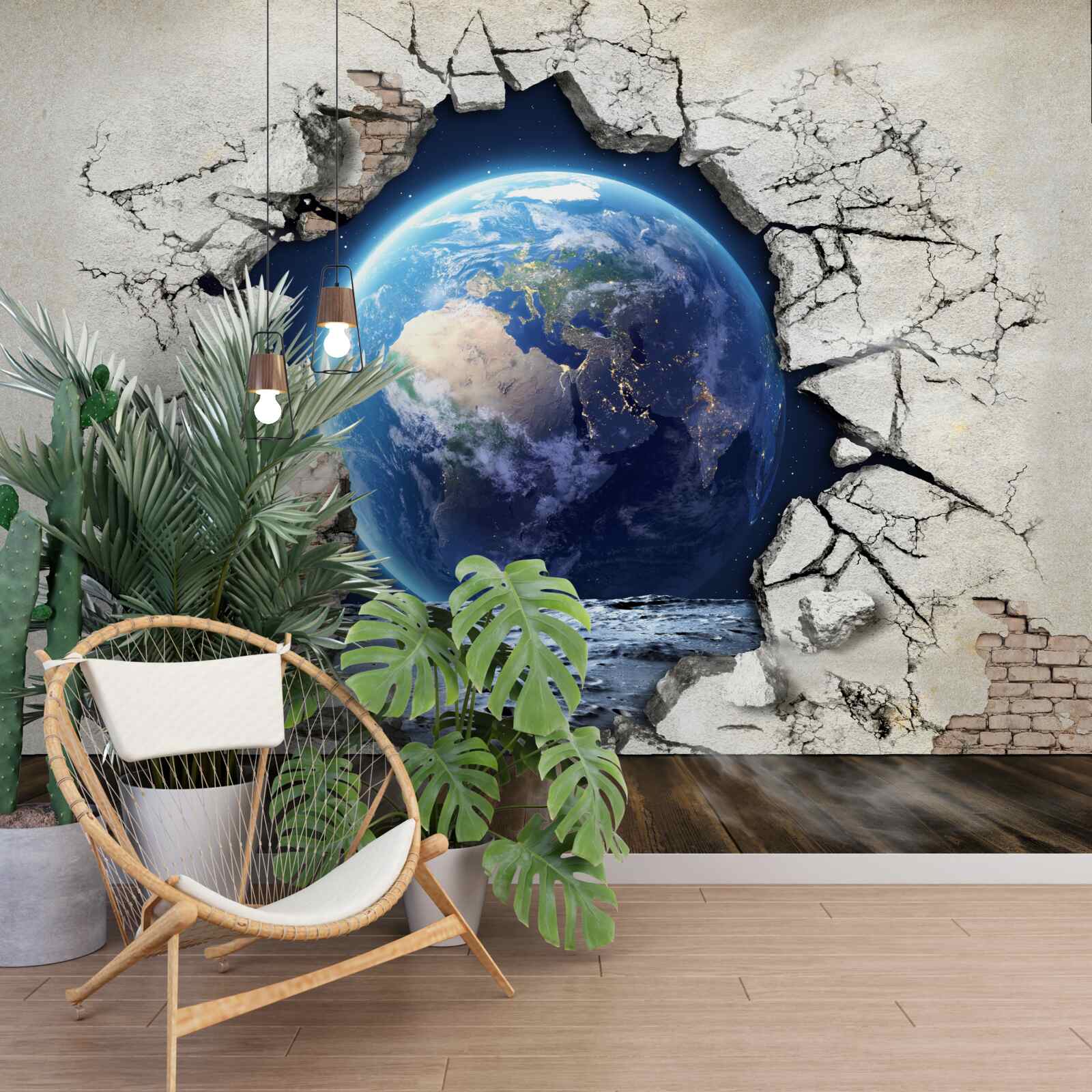 Fotobehang de planeet achter de muur