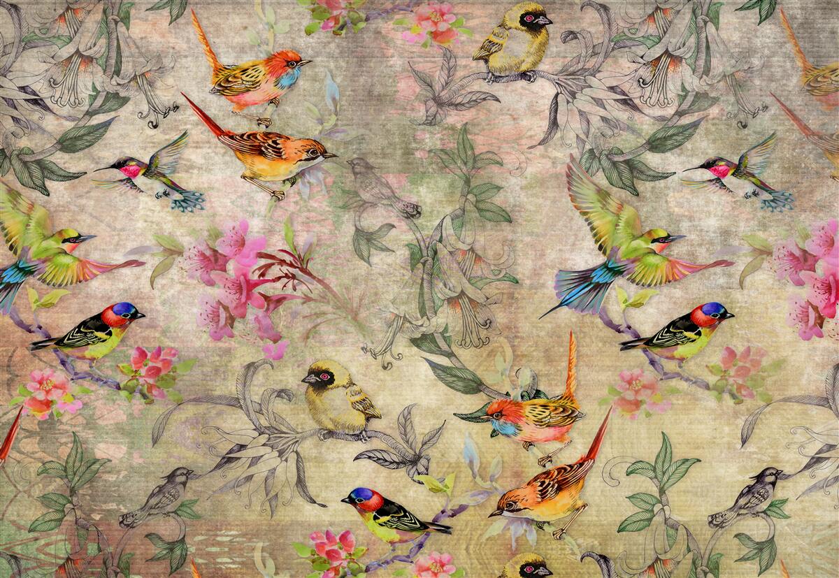 Fotobehang groep exotische vogels in de bomen