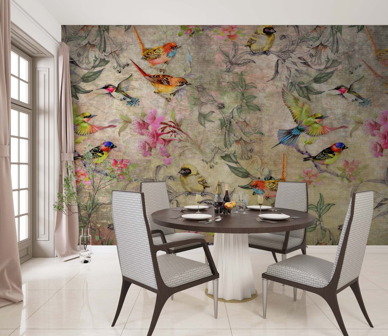 Fotobehang groep exotische vogels in de bomen