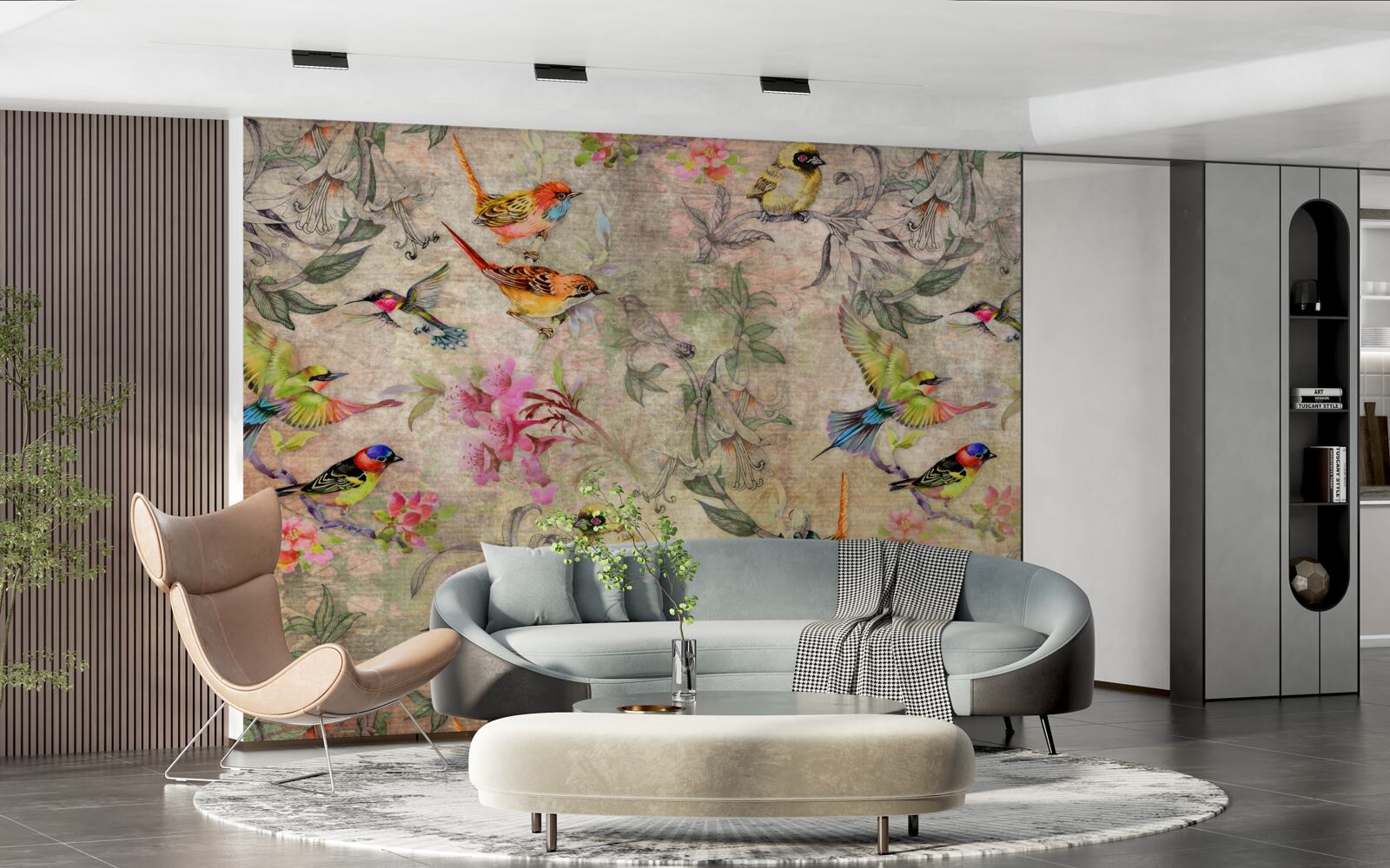 Fotobehang groep exotische vogels in de bomen