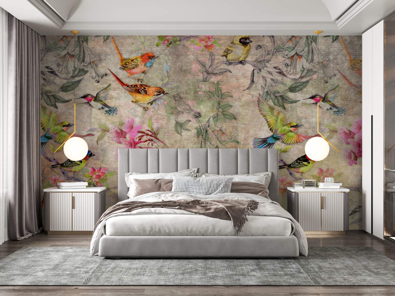 Fotobehang groep exotische vogels in de bomen