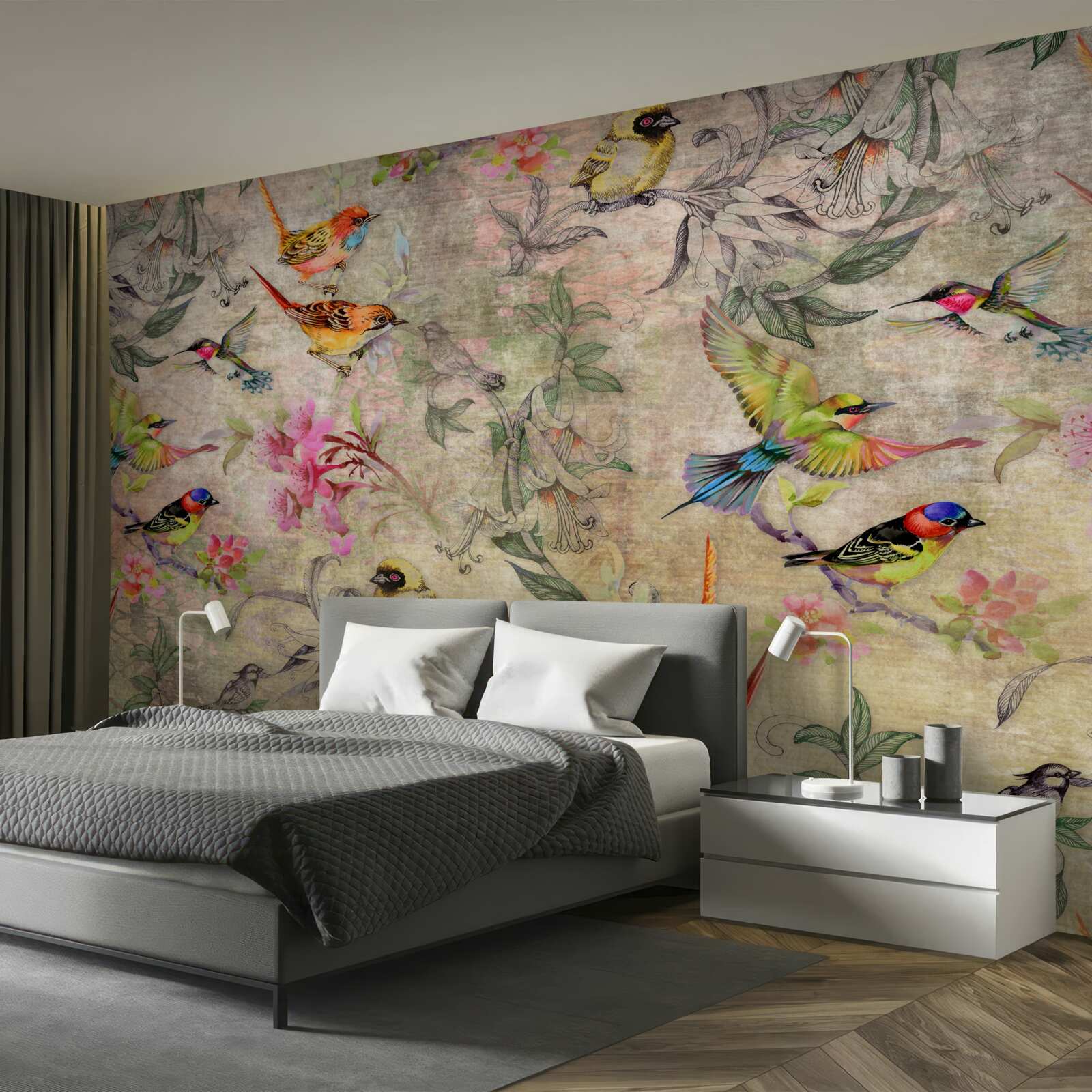 Fotobehang groep exotische vogels in de bomen