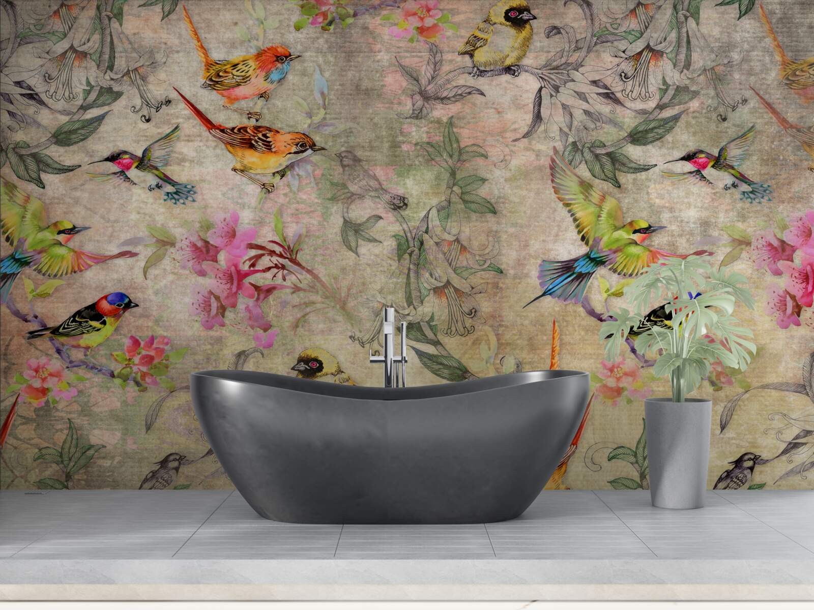 Fotobehang groep exotische vogels in de bomen