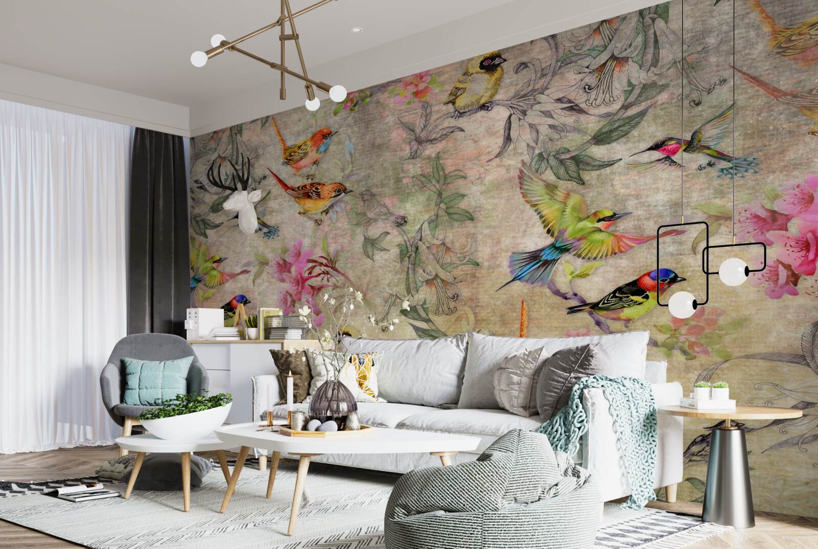 Fotobehang groep exotische vogels in de bomen