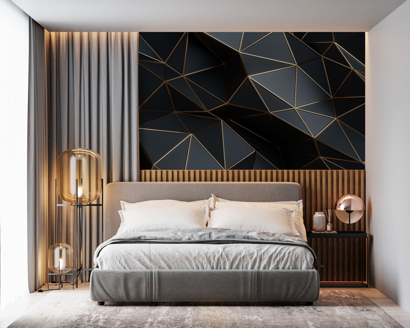 Fotobehang zwart en goud 3d objecten