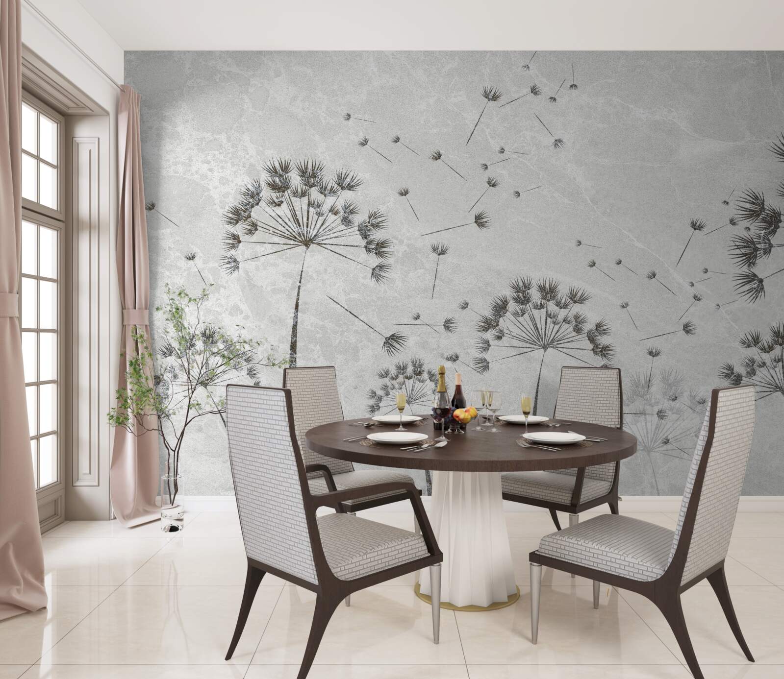 Fotobehang wind blaast paardebloemblaadjes weg