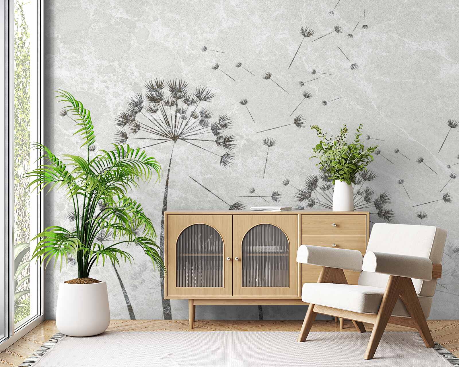 Fotobehang wind blaast paardebloemblaadjes weg