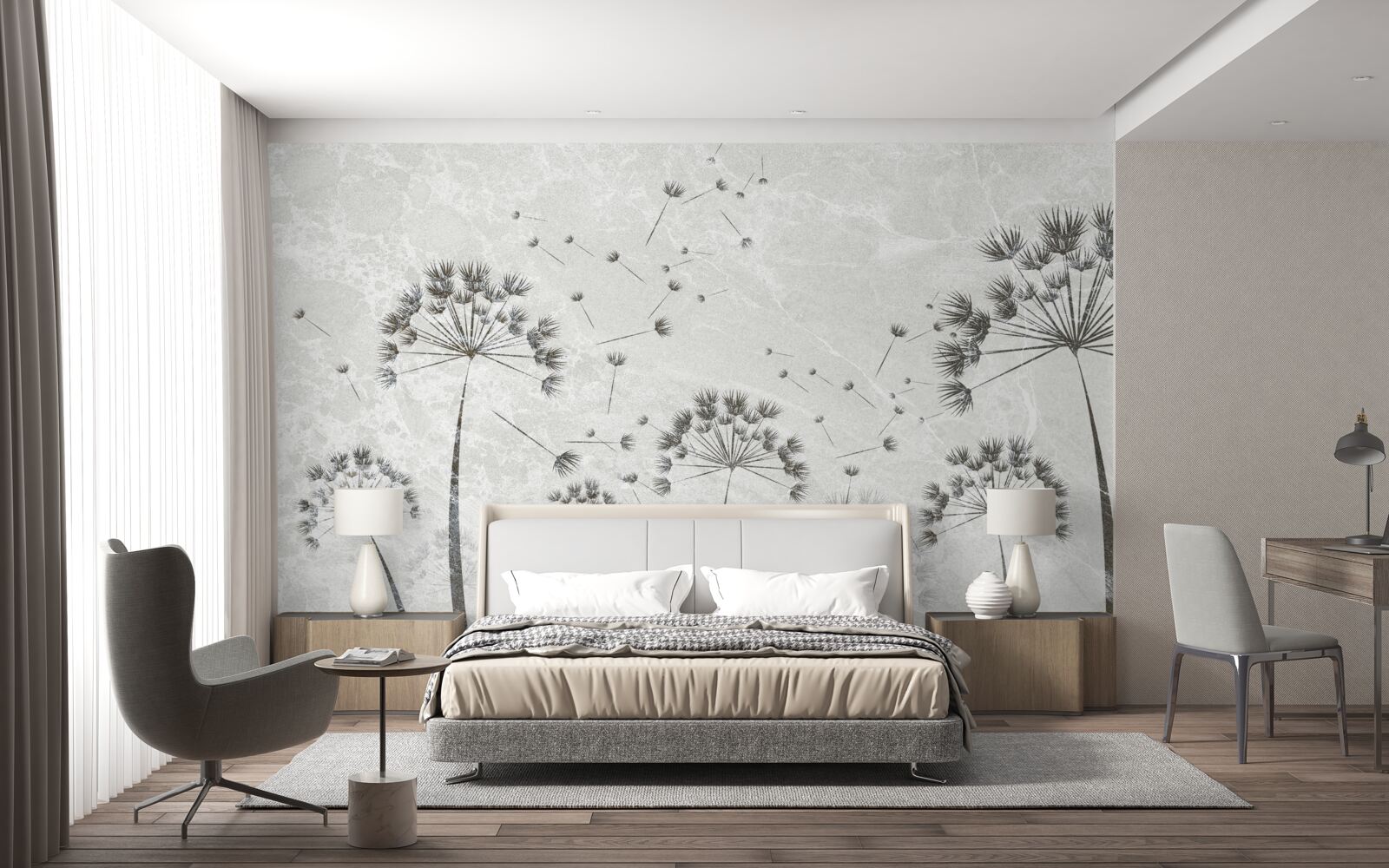 Fotobehang wind blaast paardebloemblaadjes weg