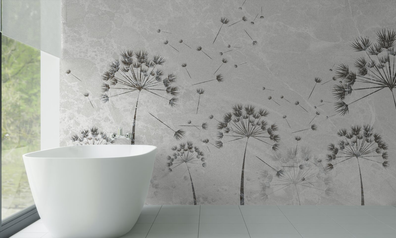 Fotobehang wind blaast paardebloemblaadjes weg