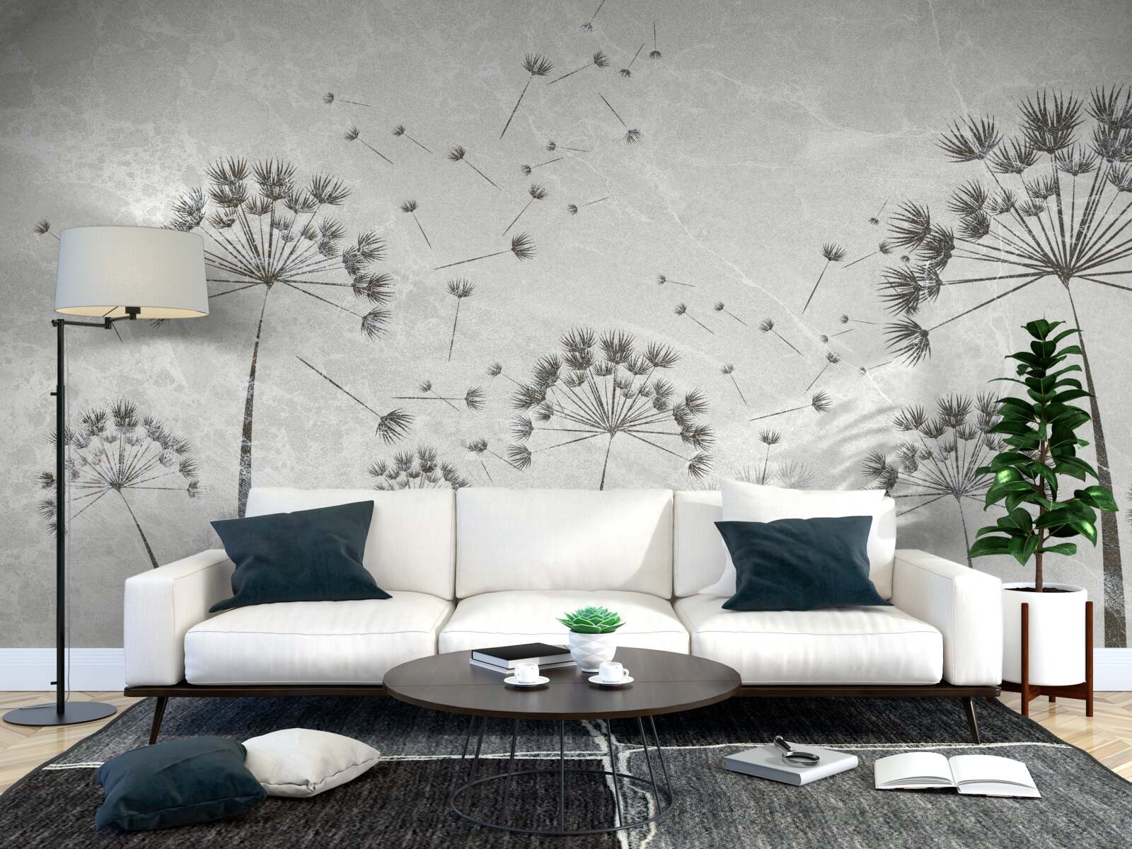 Fotobehang wind blaast paardebloemblaadjes weg