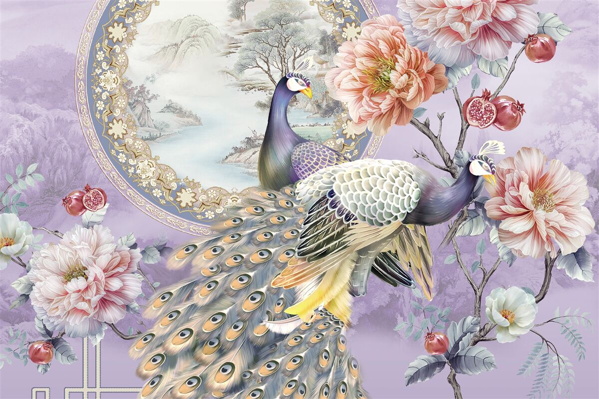 Fotobehang elegante pauwen tussen bloemen