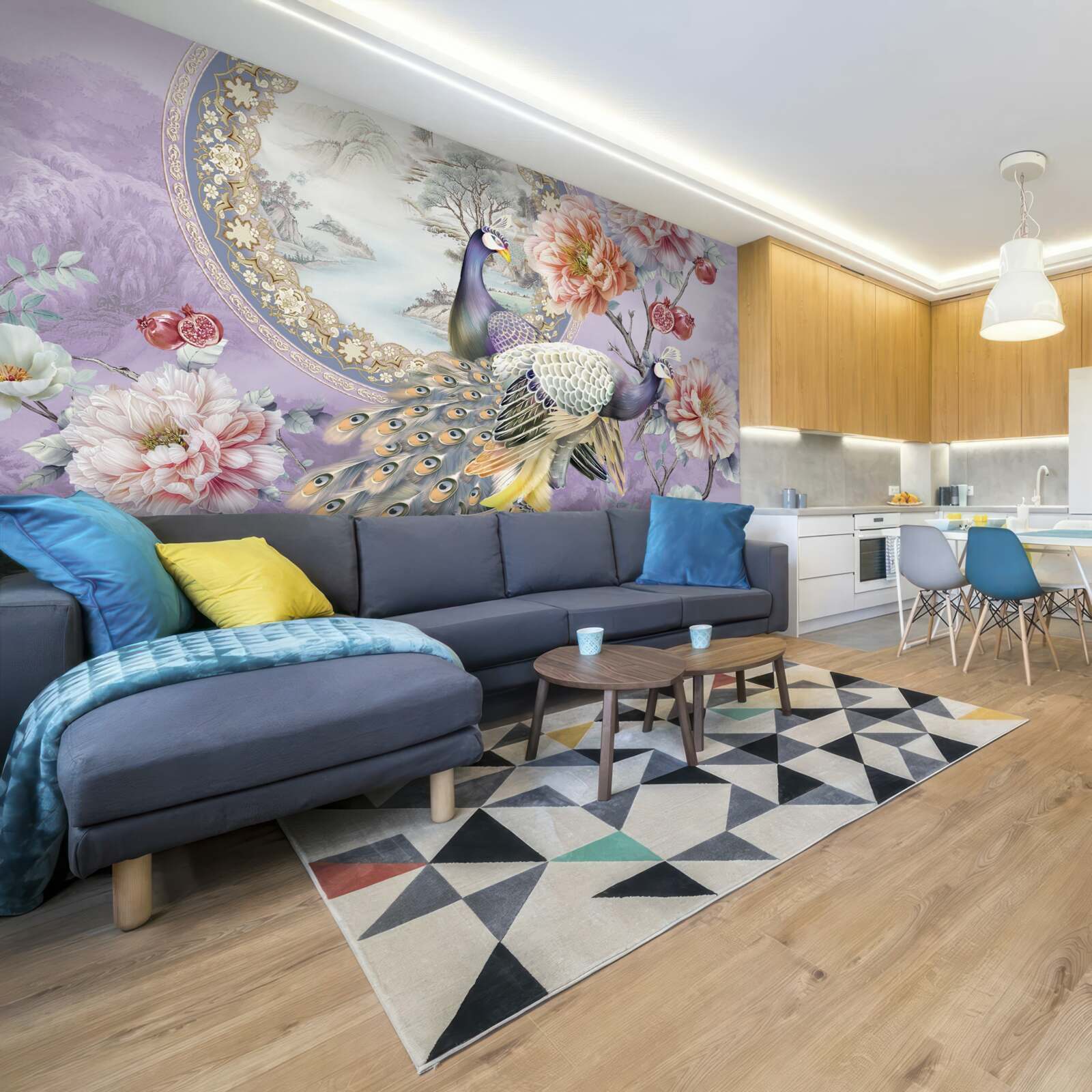 Fotobehang elegante pauwen tussen bloemen