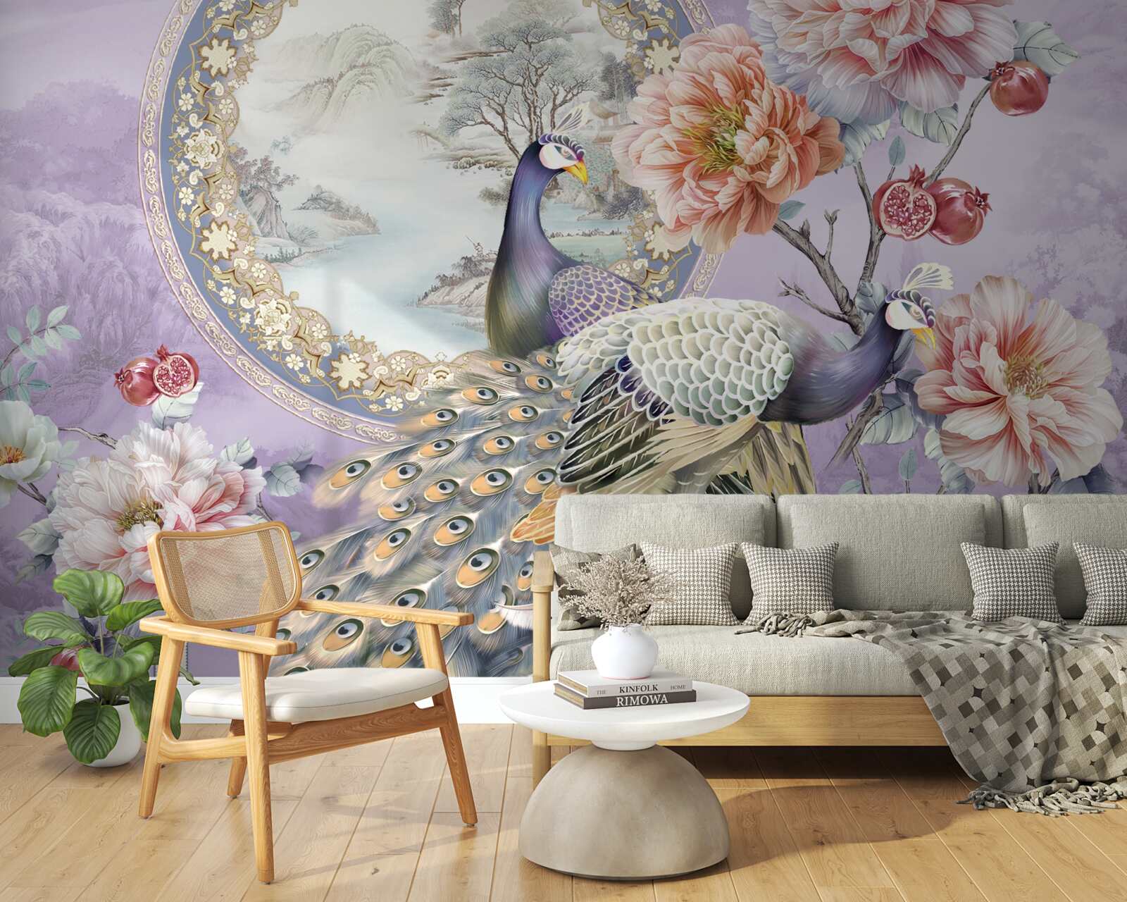 Fotobehang elegante pauwen tussen bloemen