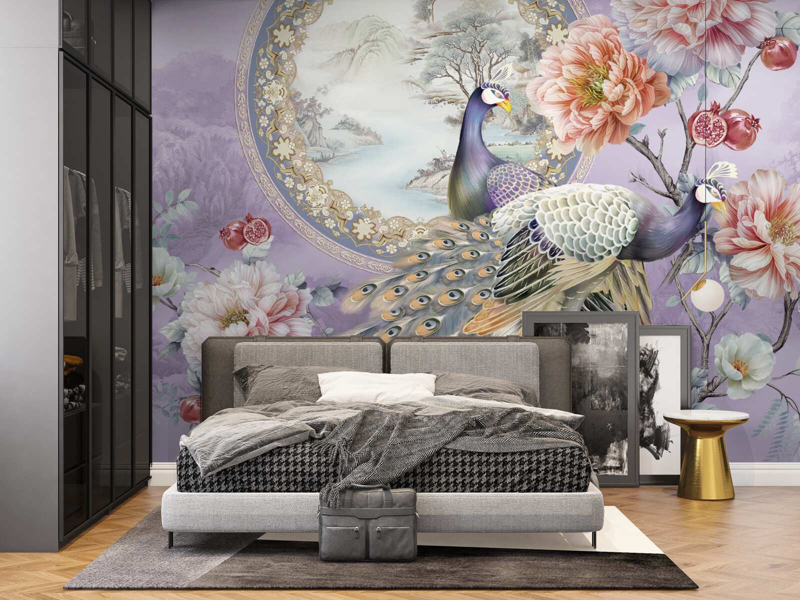 Fotobehang elegante pauwen tussen bloemen