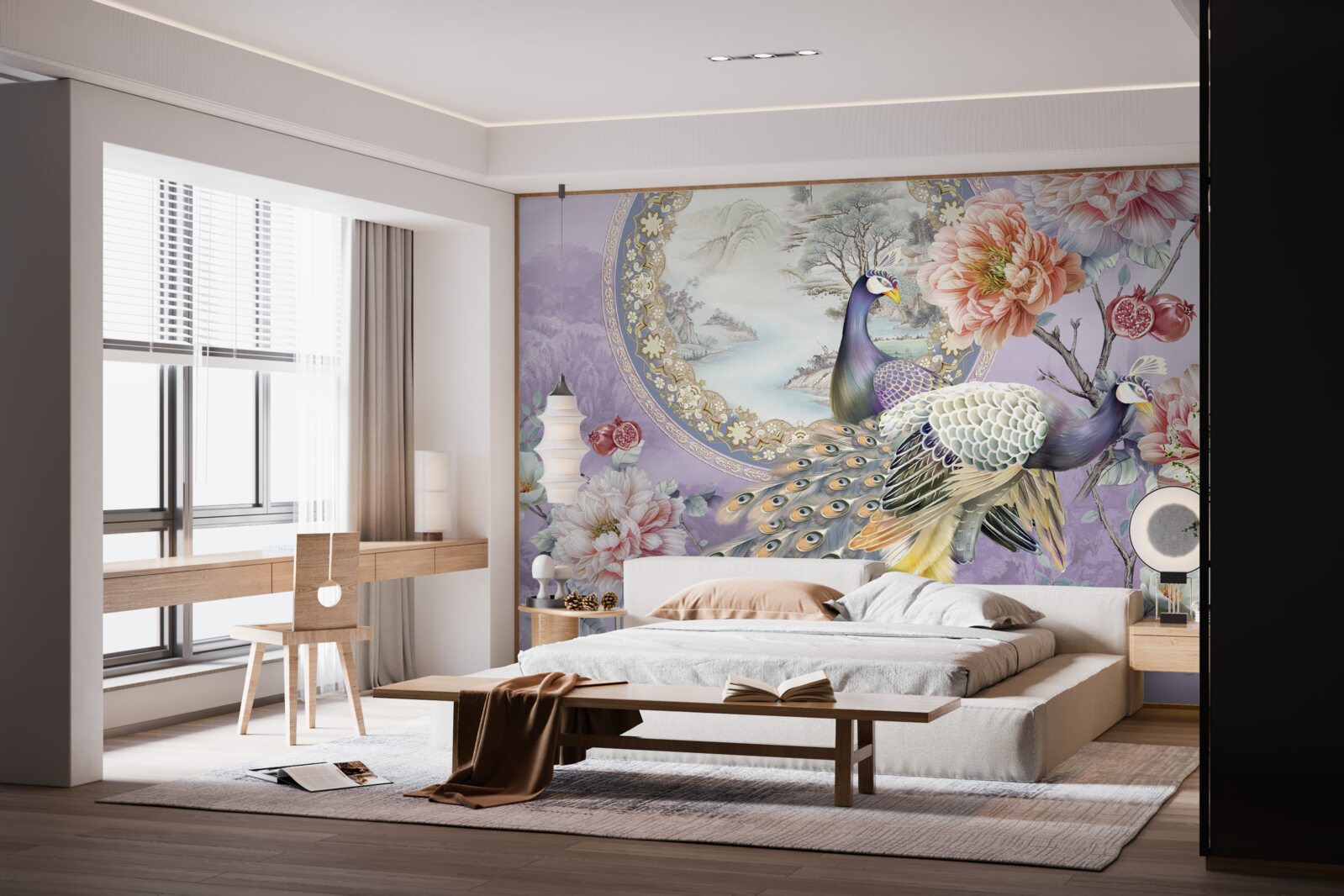 Fotobehang elegante pauwen tussen bloemen