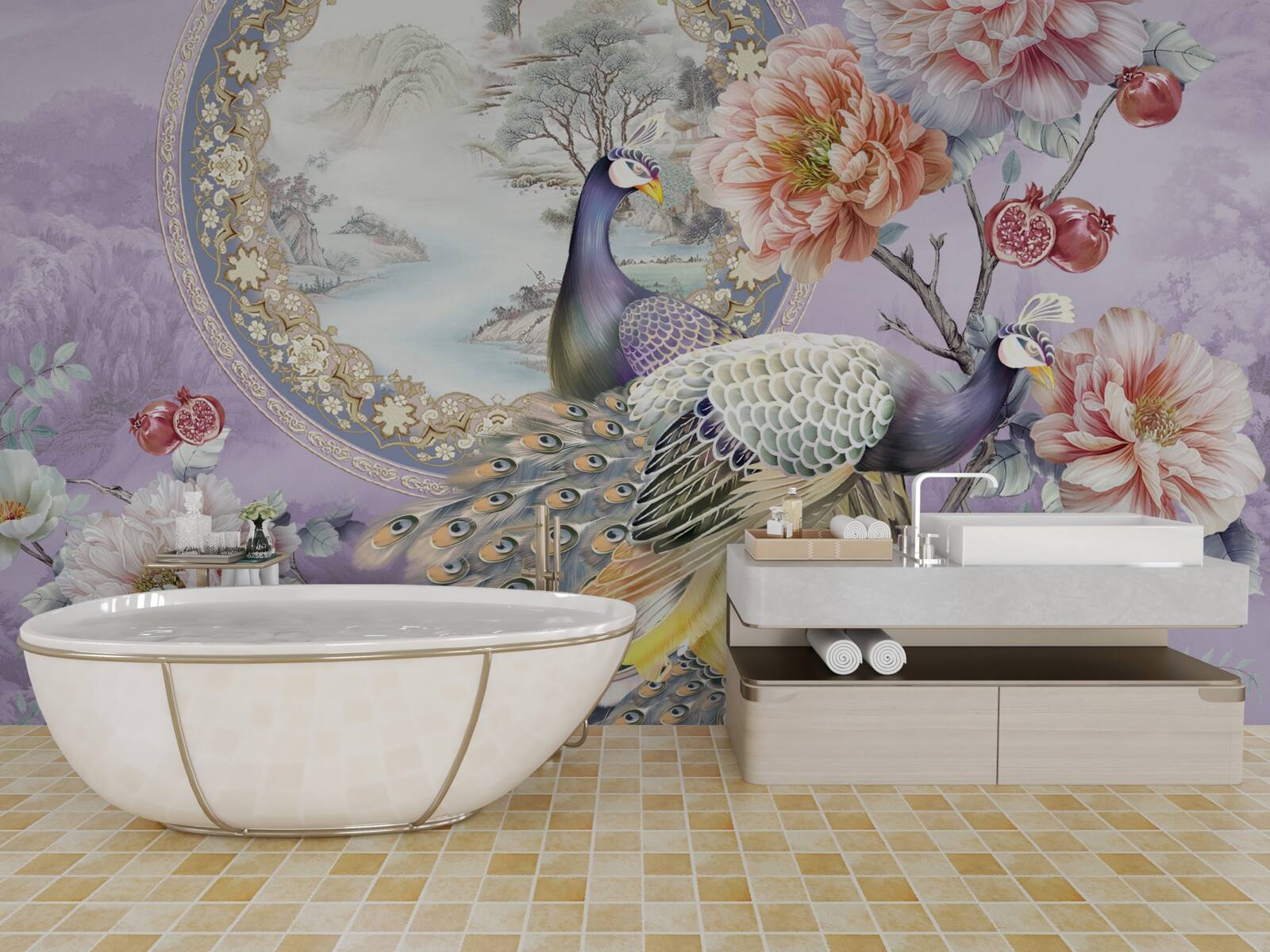 Fotobehang elegante pauwen tussen bloemen