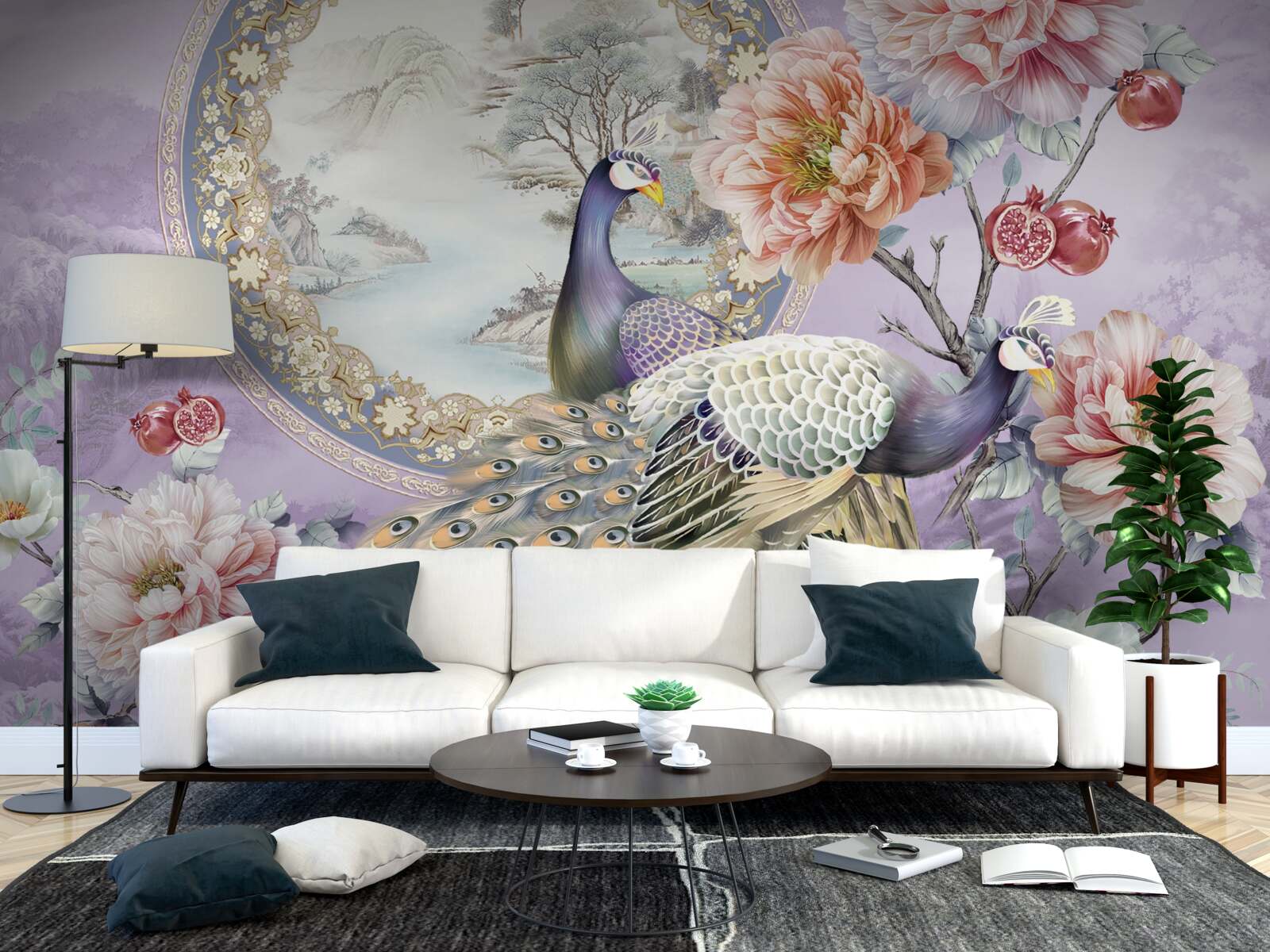 Fotobehang elegante pauwen tussen bloemen