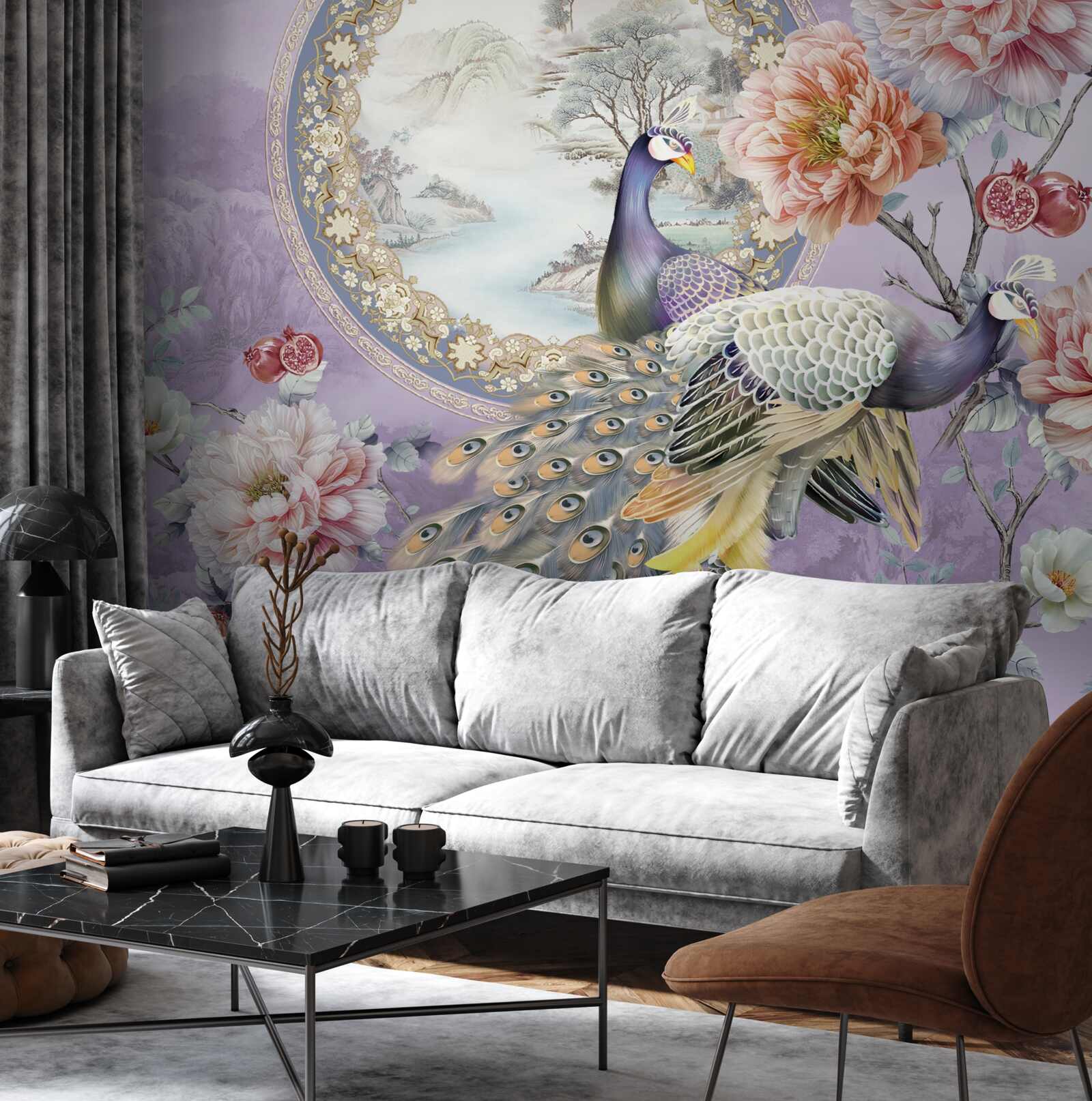 Fotobehang elegante pauwen tussen bloemen