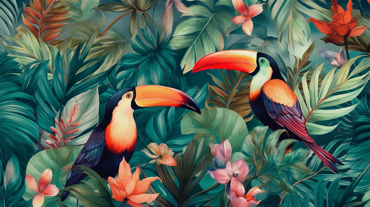 Fotobehang grote papegaaien tussen de bladeren