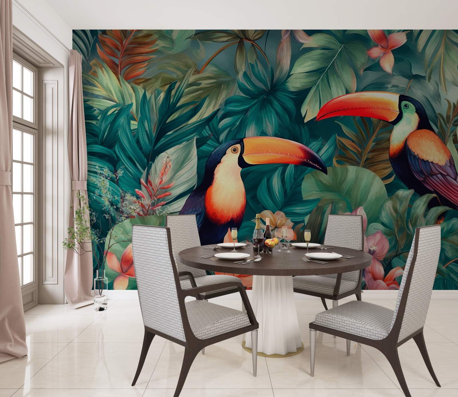 Fotobehang grote papegaaien tussen de bladeren