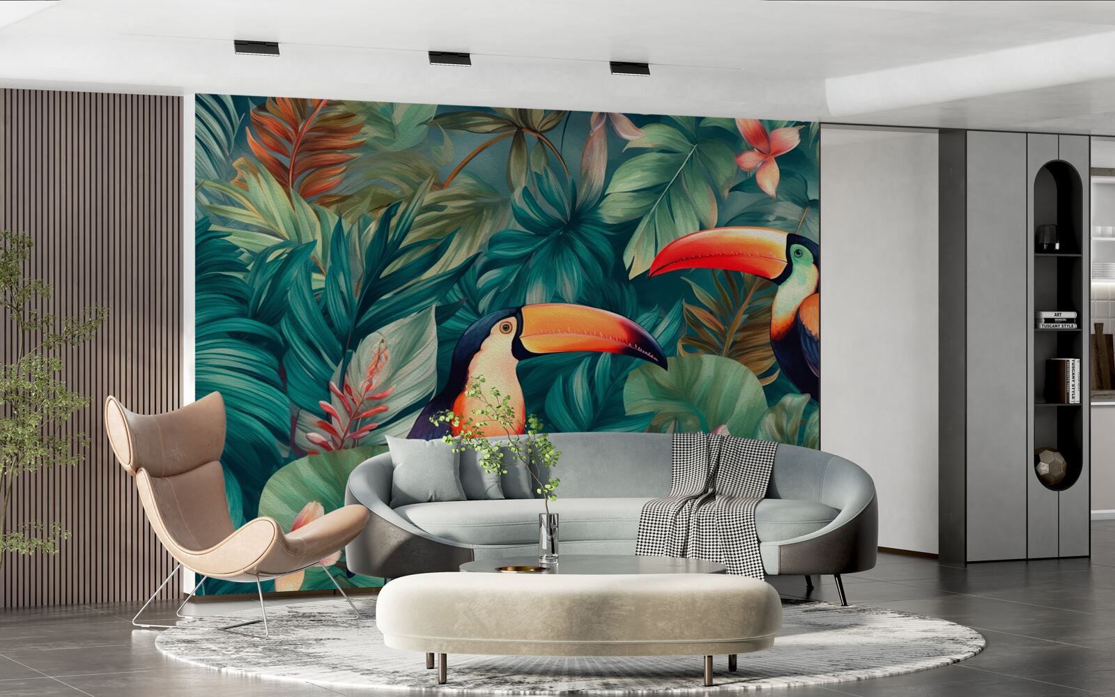 Fotobehang grote papegaaien tussen de bladeren