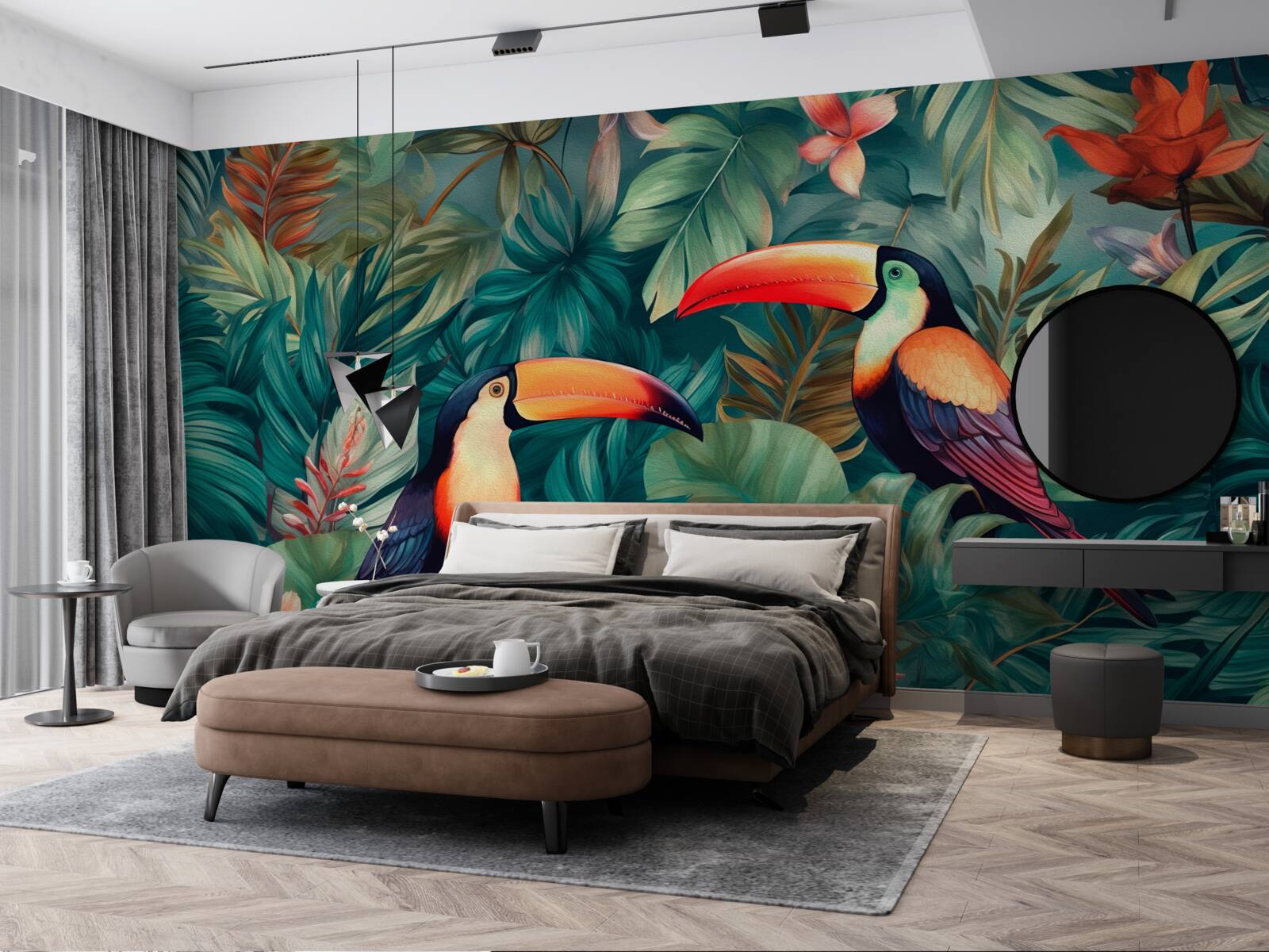 Fotobehang grote papegaaien tussen de bladeren