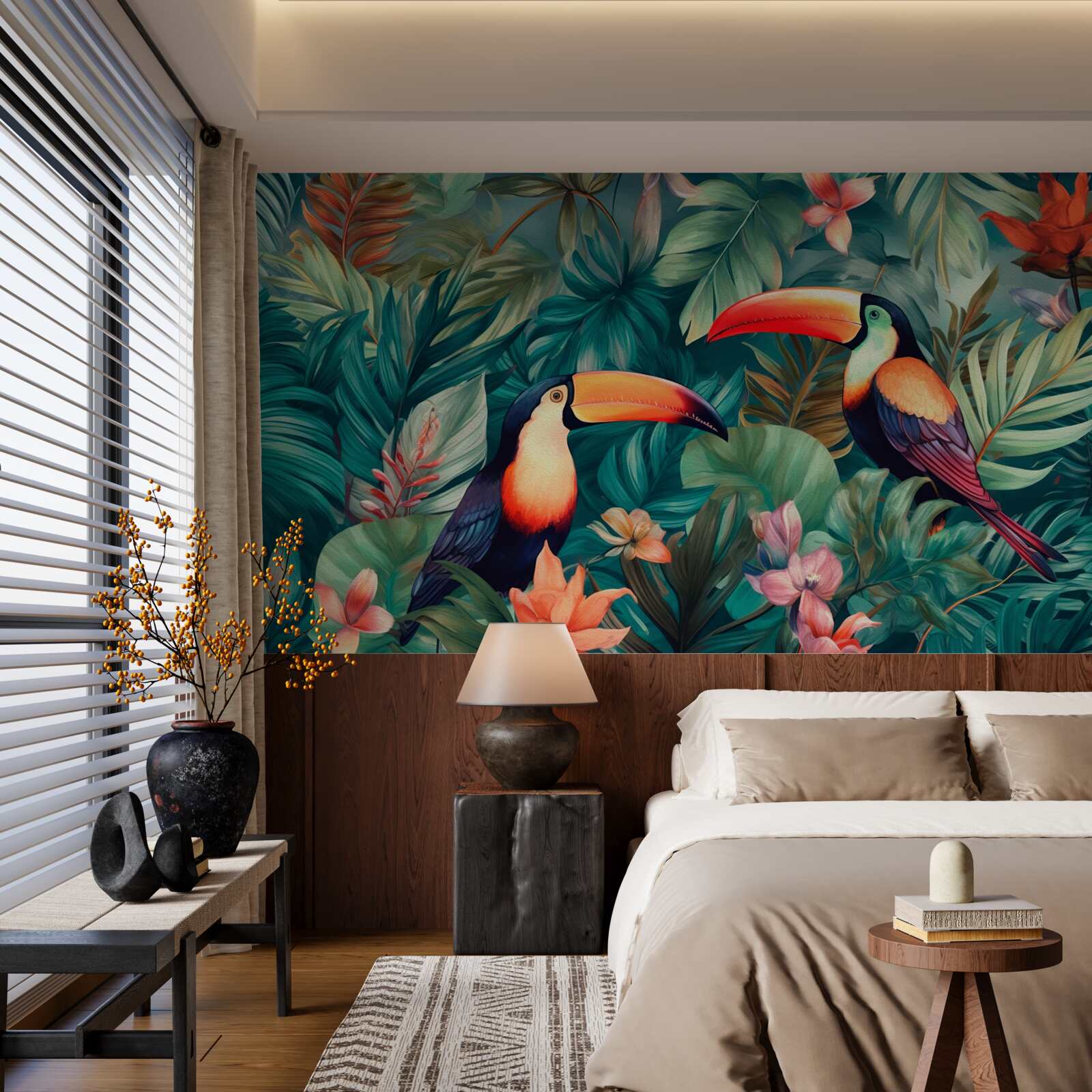 Fotobehang grote papegaaien tussen de bladeren