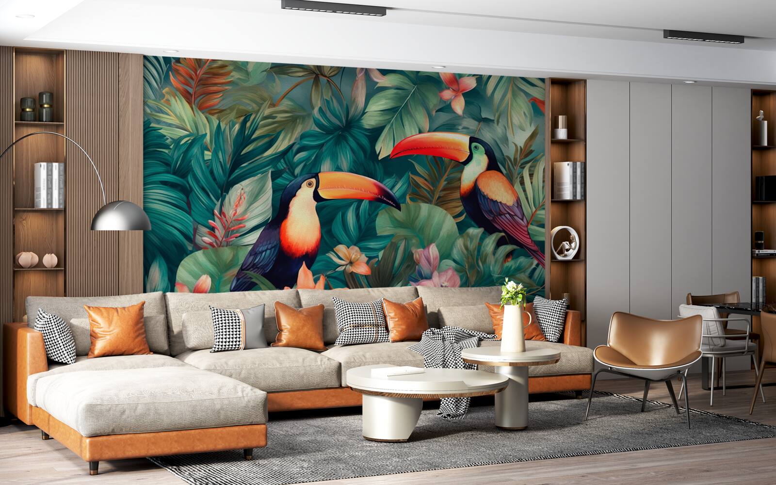 Fotobehang grote papegaaien tussen de bladeren