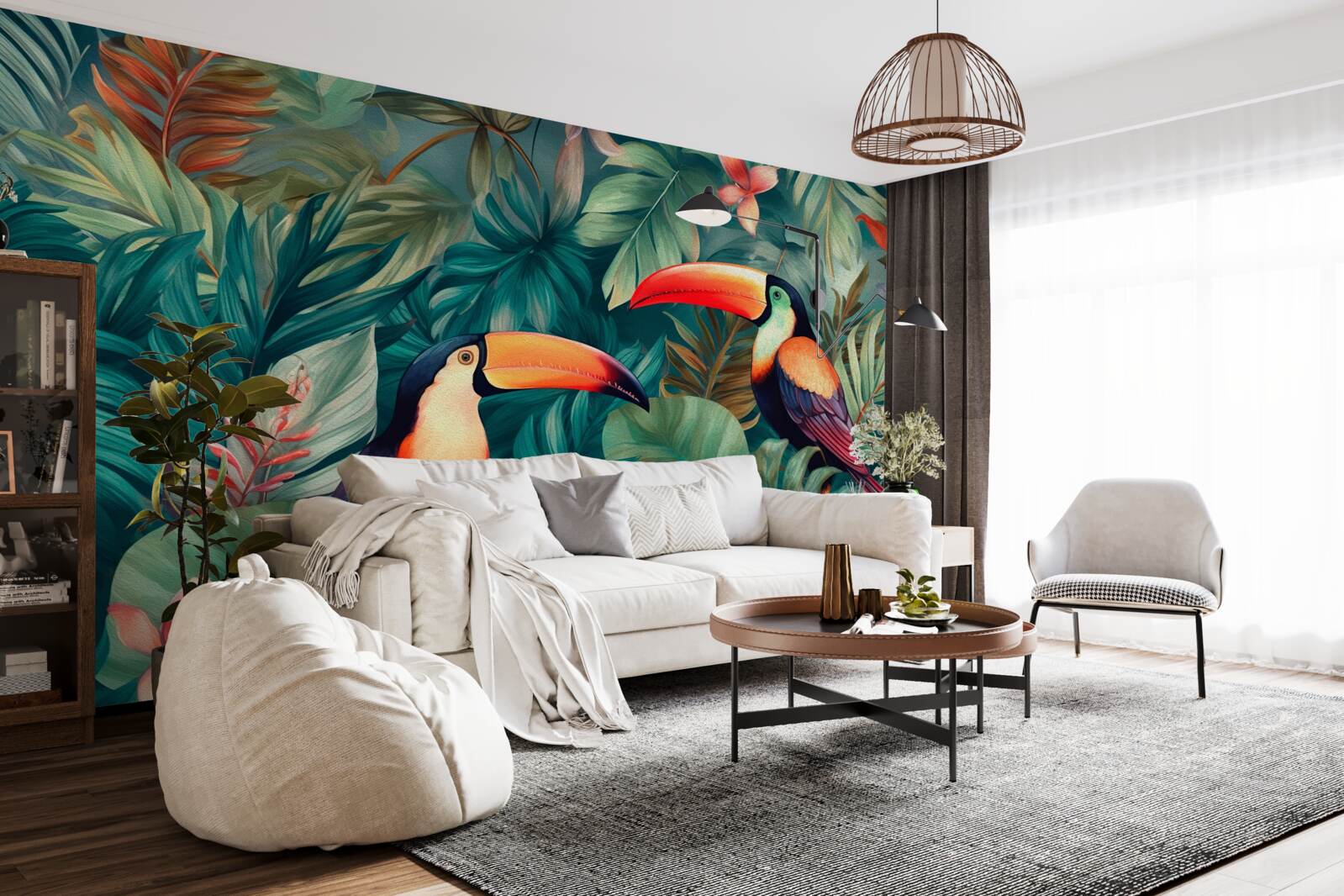 Fotobehang grote papegaaien tussen de bladeren