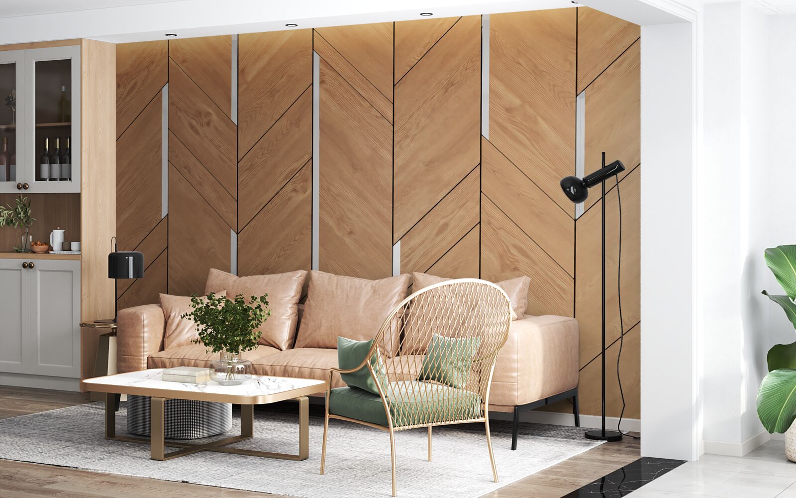 Fotobehang bruin parket met geïntegreerde verlichting