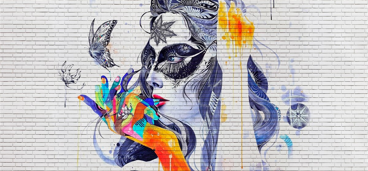 Fotobehang afbeelding van een meisje met een masker in een abstracte stijl