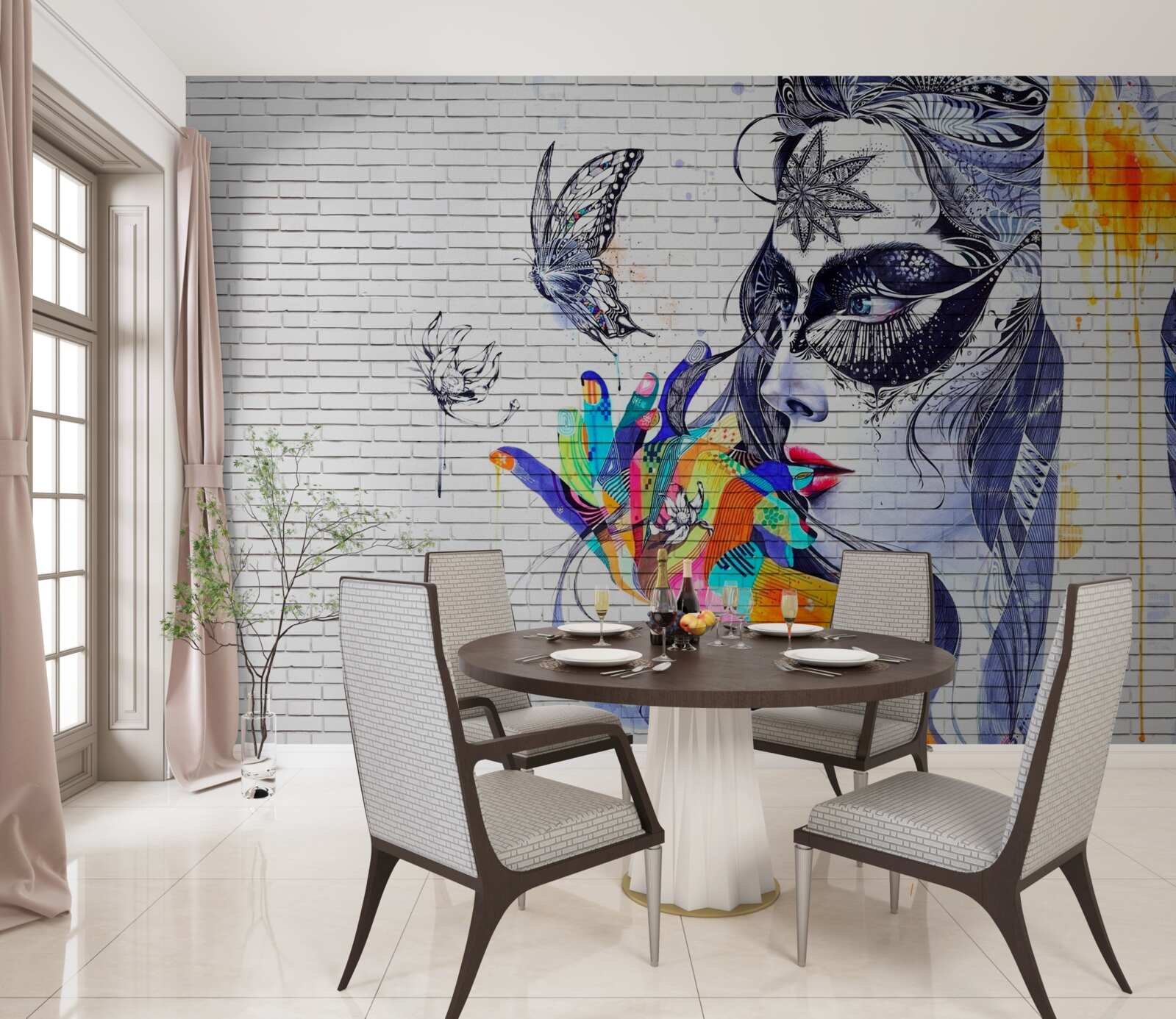 Fotobehang afbeelding van een meisje met een masker in een abstracte stijl