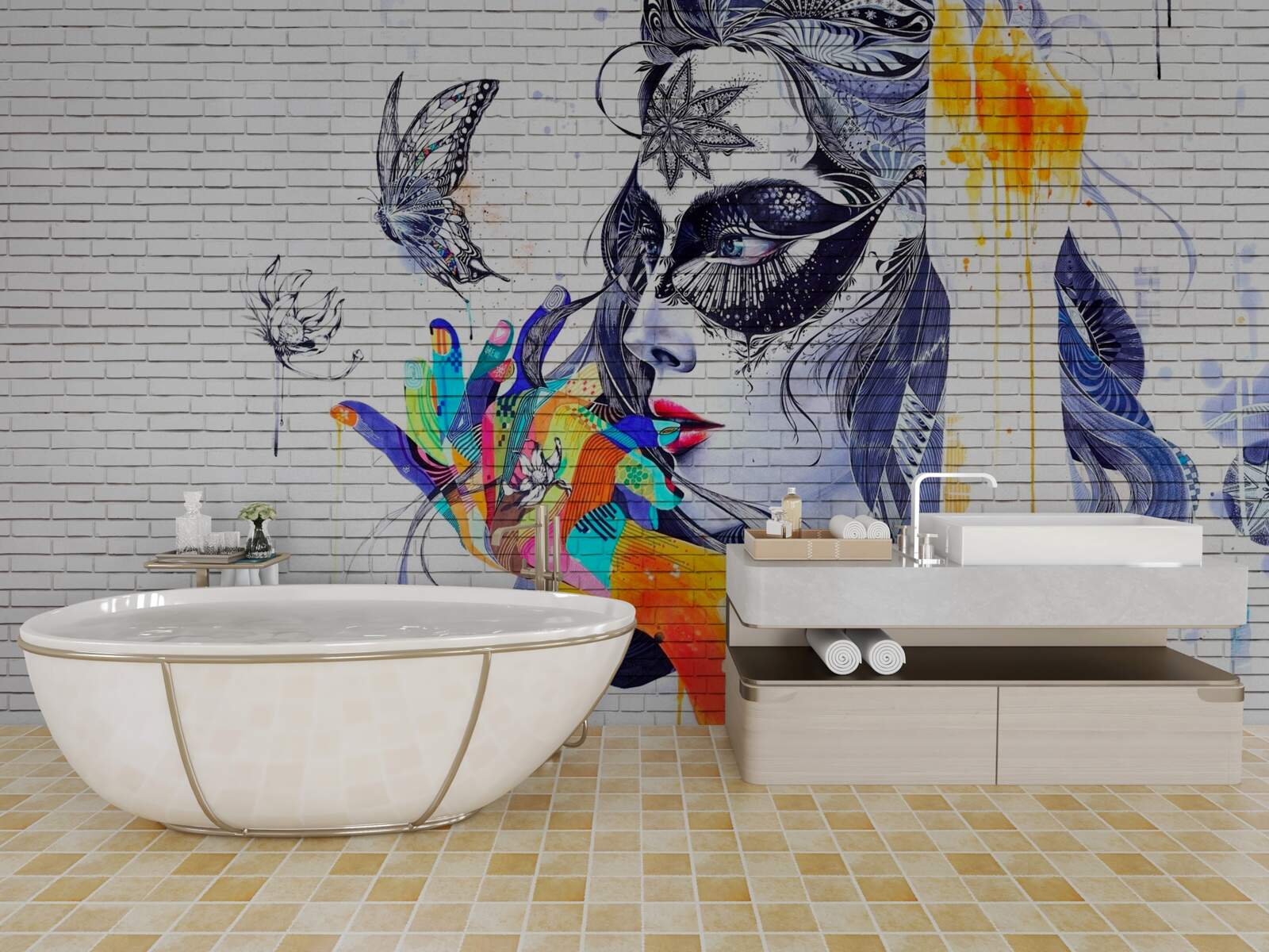 Fotobehang afbeelding van een meisje met een masker in een abstracte stijl