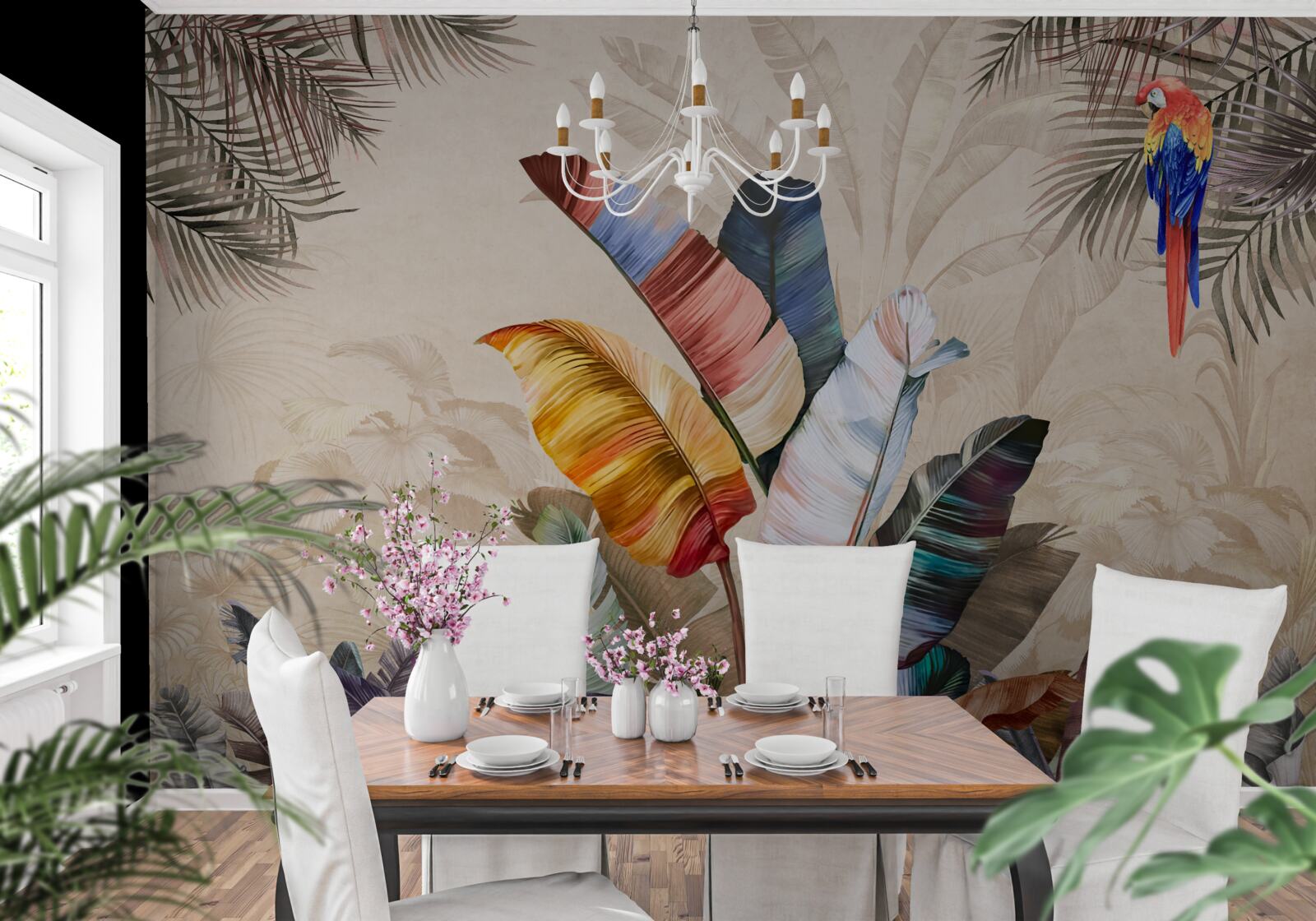 Fotobehang Tropische bladeren in rijke kleuren en een papegaai