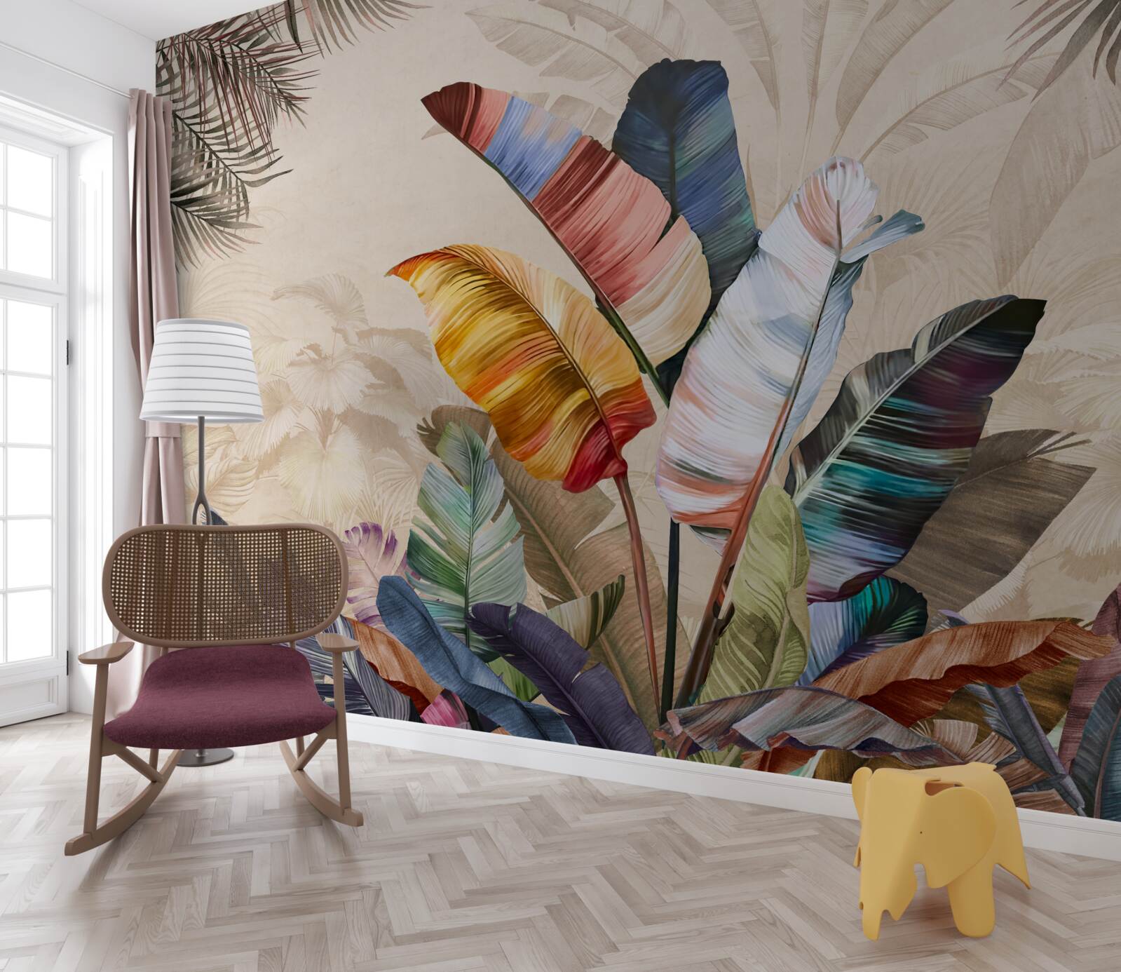 Fotobehang Tropische bladeren in rijke kleuren en een papegaai