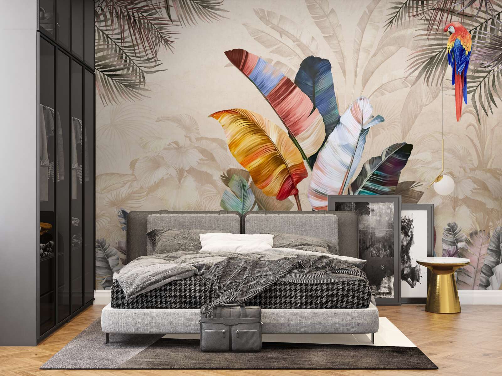 Fotobehang Tropische bladeren in rijke kleuren en een papegaai