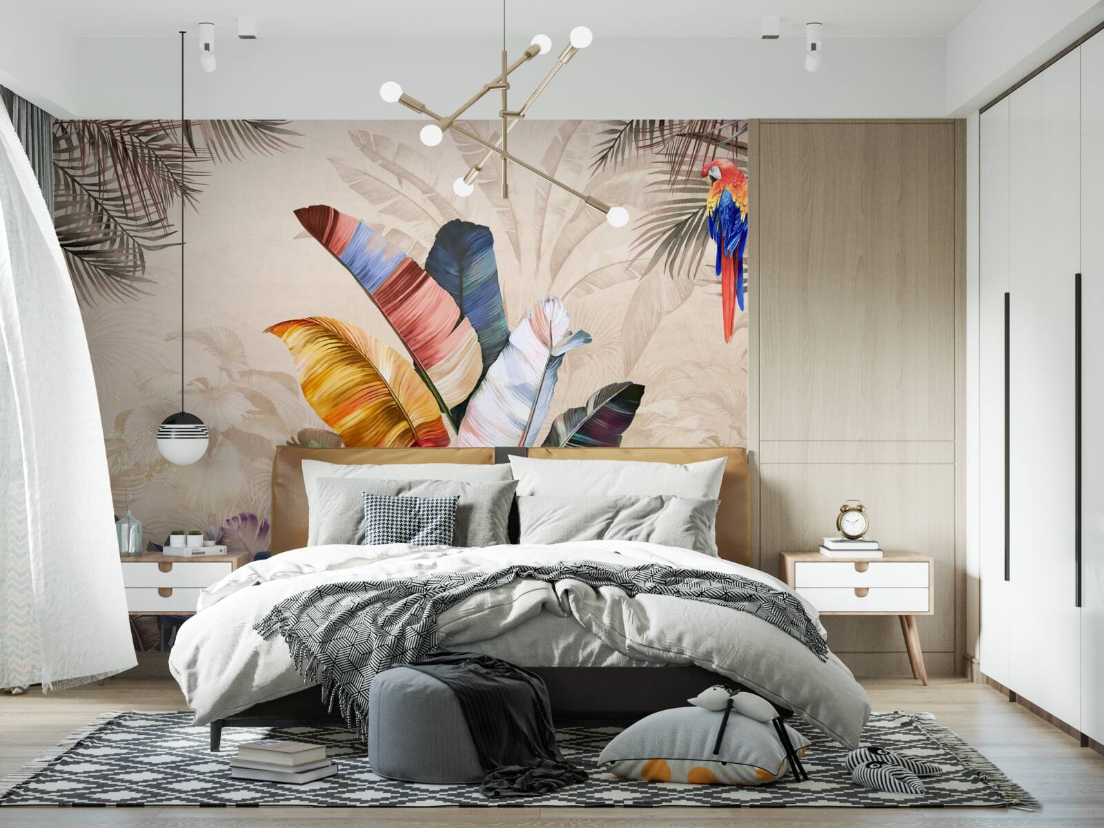 Fotobehang Tropische bladeren in rijke kleuren en een papegaai