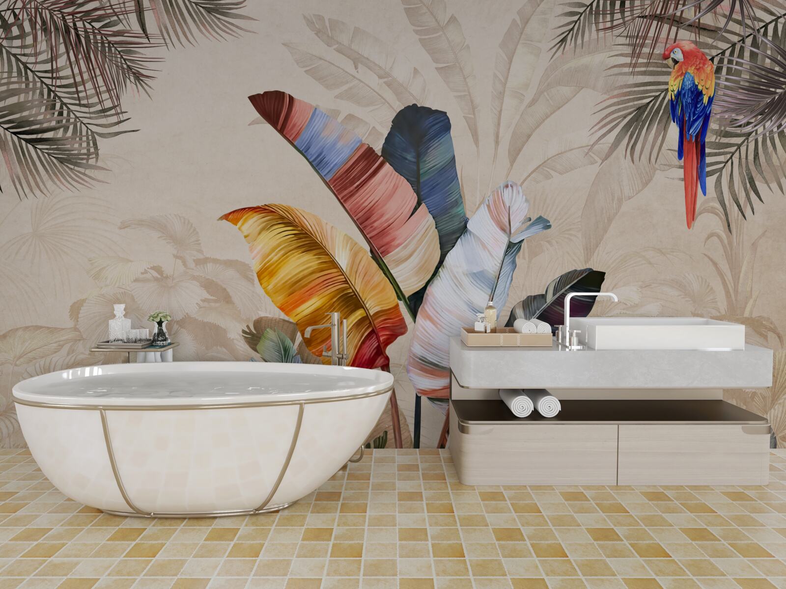 Fotobehang Tropische bladeren in rijke kleuren en een papegaai