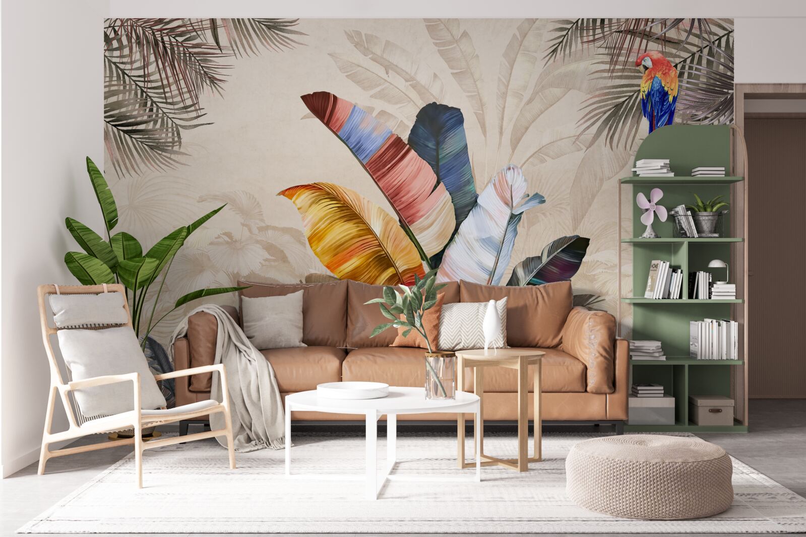 Fotobehang Tropische bladeren in rijke kleuren en een papegaai