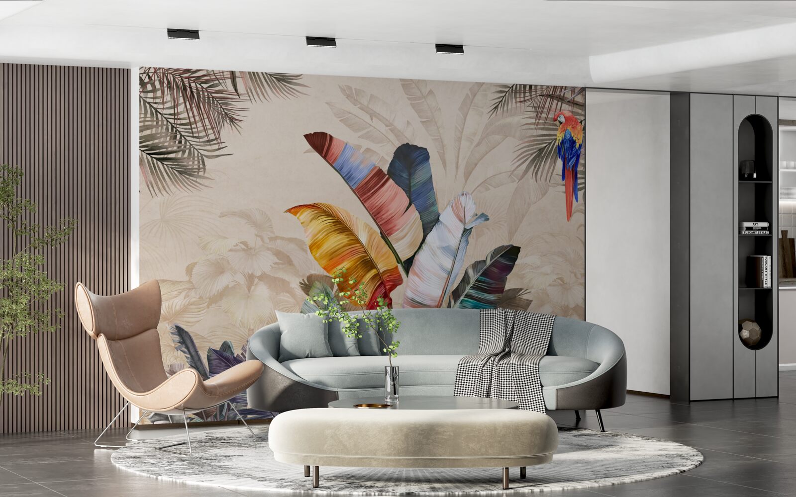 Fotobehang Tropische bladeren in rijke kleuren en een papegaai