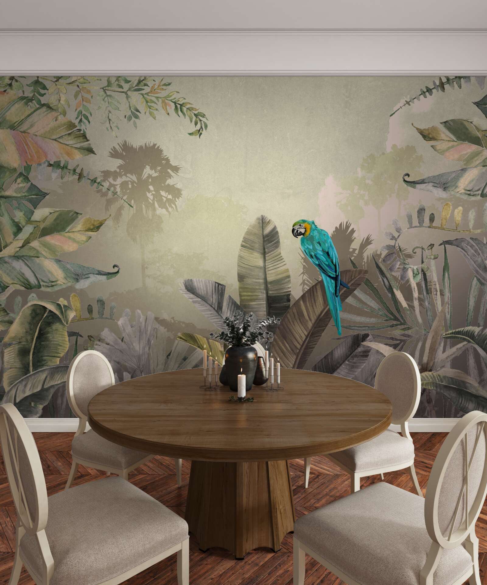 Fotobehang heldere papegaai tussen tropisch groen