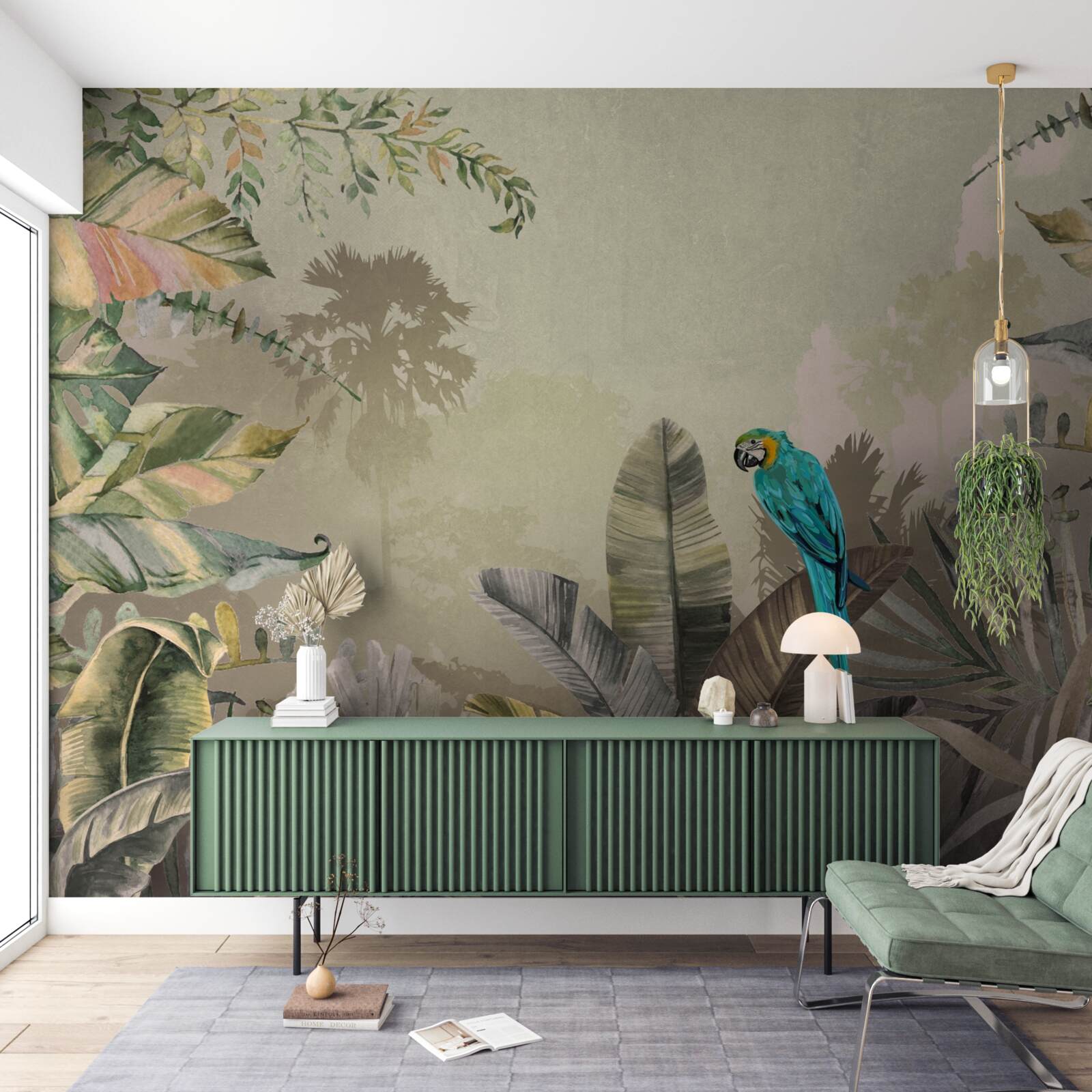 Fotobehang heldere papegaai tussen tropisch groen