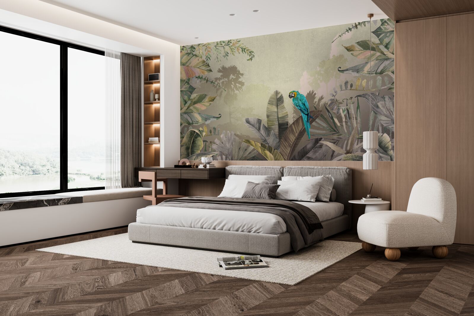 Fotobehang heldere papegaai tussen tropisch groen