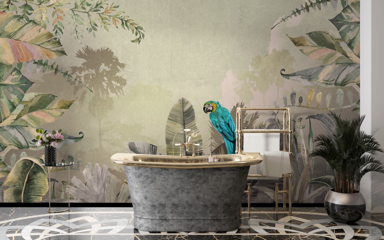 Fotobehang heldere papegaai tussen tropisch groen